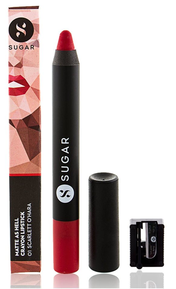 SUGAR Cosmetics Matte As Hell Crayon Lipstick 01 Scarlett O’Hara (Red) With Free Sharpner, 2.8 g
