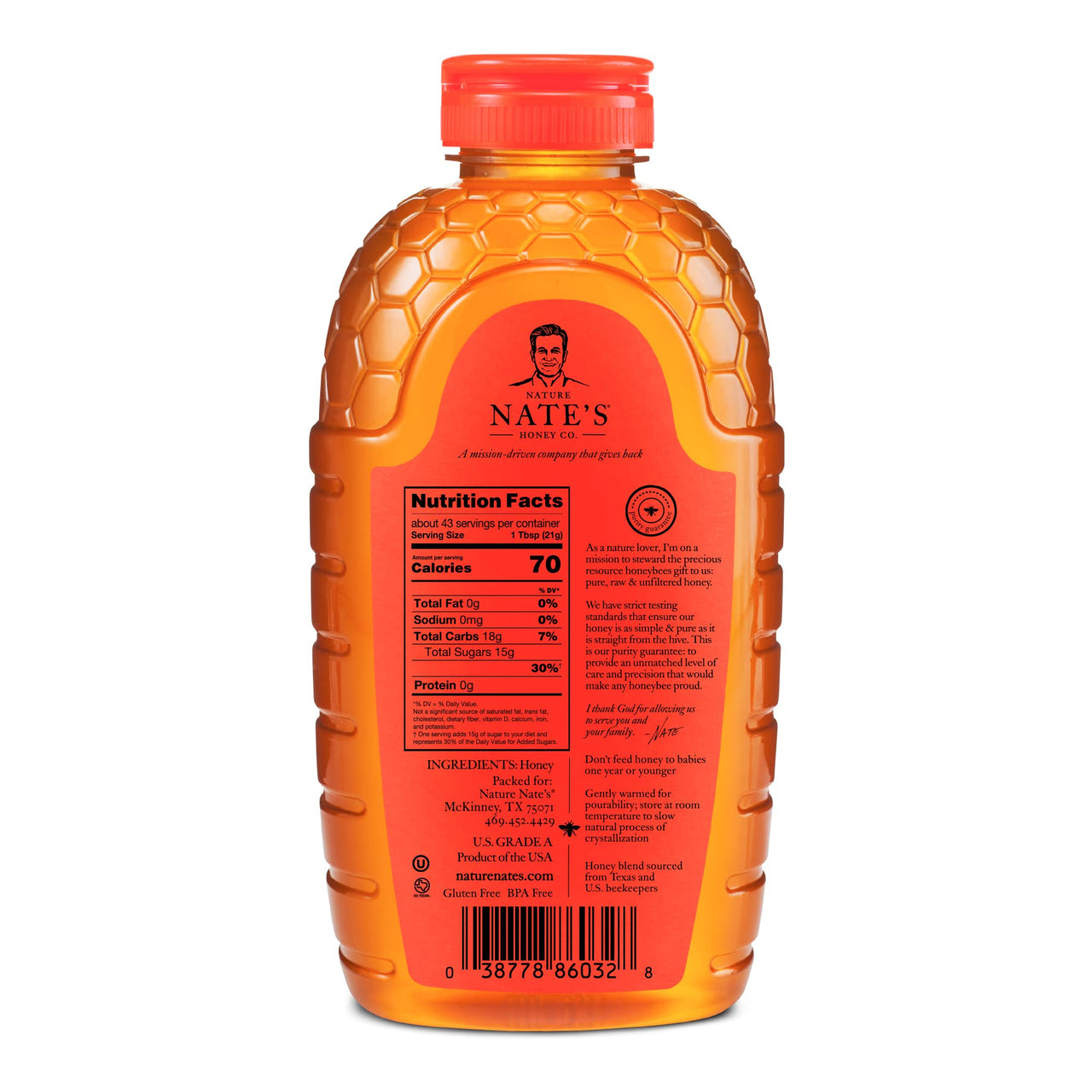 Nature Nate's  100% Pure Raw & Unfiltered Honey, 32 oz. Squeeze Bottle; All-natural Sweetener, No Additives, Texas, 2 Pound (Pack of 1)