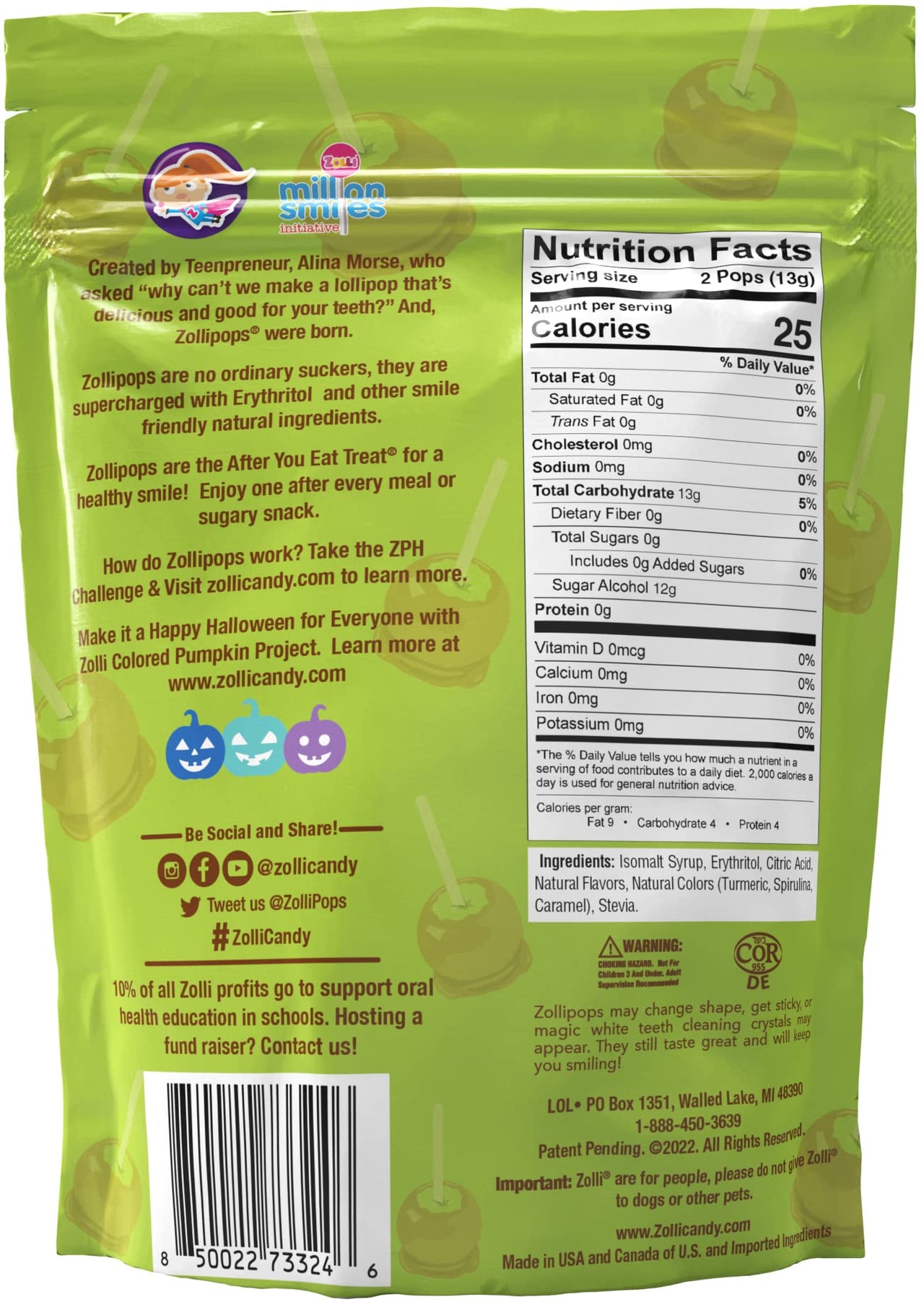 Zollipops Caramel Green Apple Lollipops - Sugar Free, Allergy Free, Vegan, KETO & Diabetic Friendly, Clean Teeth Candy