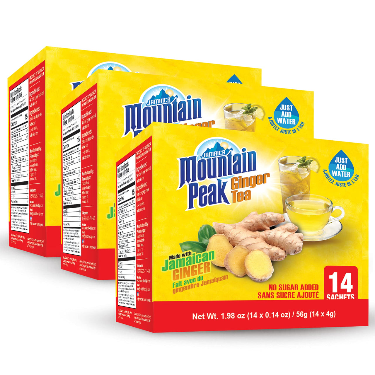 Jamaica Mountain Peak Original Ginger Tea, Unsweetened, 14 x 0.42 Ounce Sachets (Pack of 3) - Total 42 Sachets