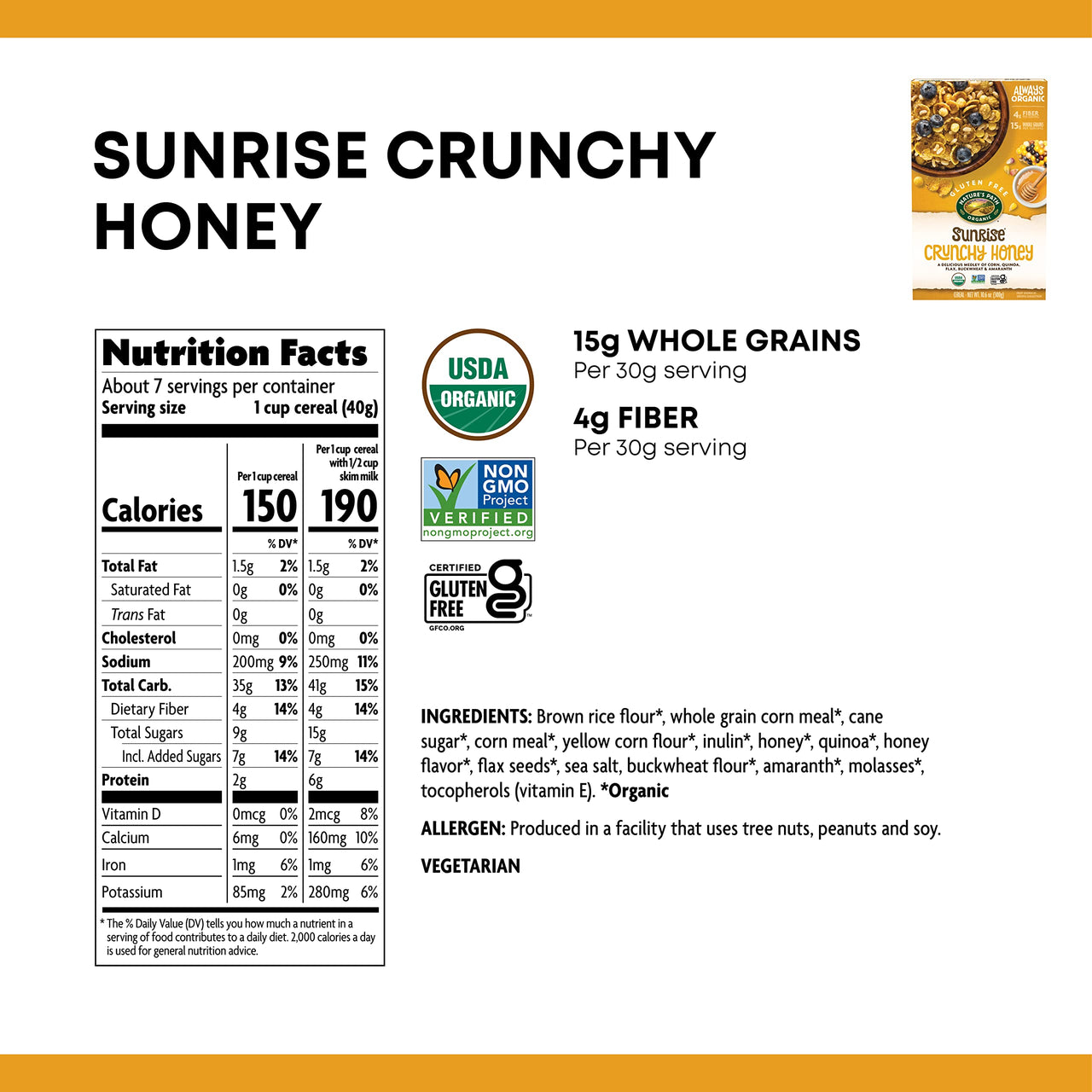 Nature's  Path Sunrise Cereal - Crunchy Honey - 10.6 oz.