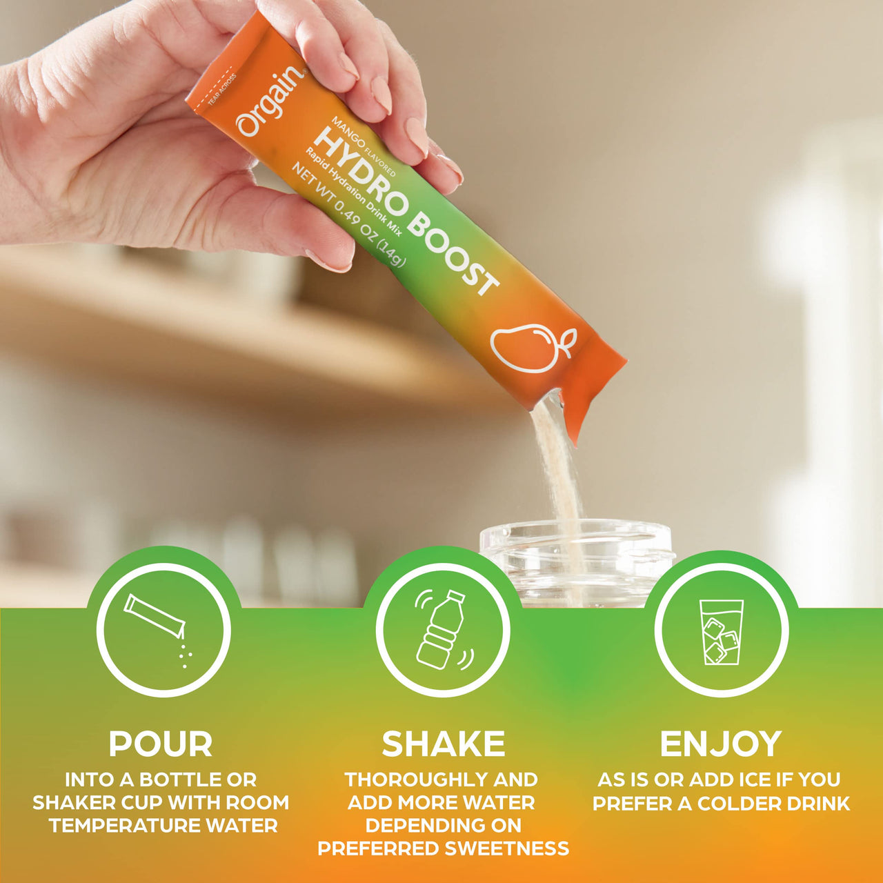Organic Rapid Hydration Packets by Orgain, Mango Hydro Boost - Packed with Electrolytes & Superfoods, Less Sugar, Gluten Free, Vegan, No Soy Ingredients or Artificial Flavors, Non-GMO (Pack of 8)