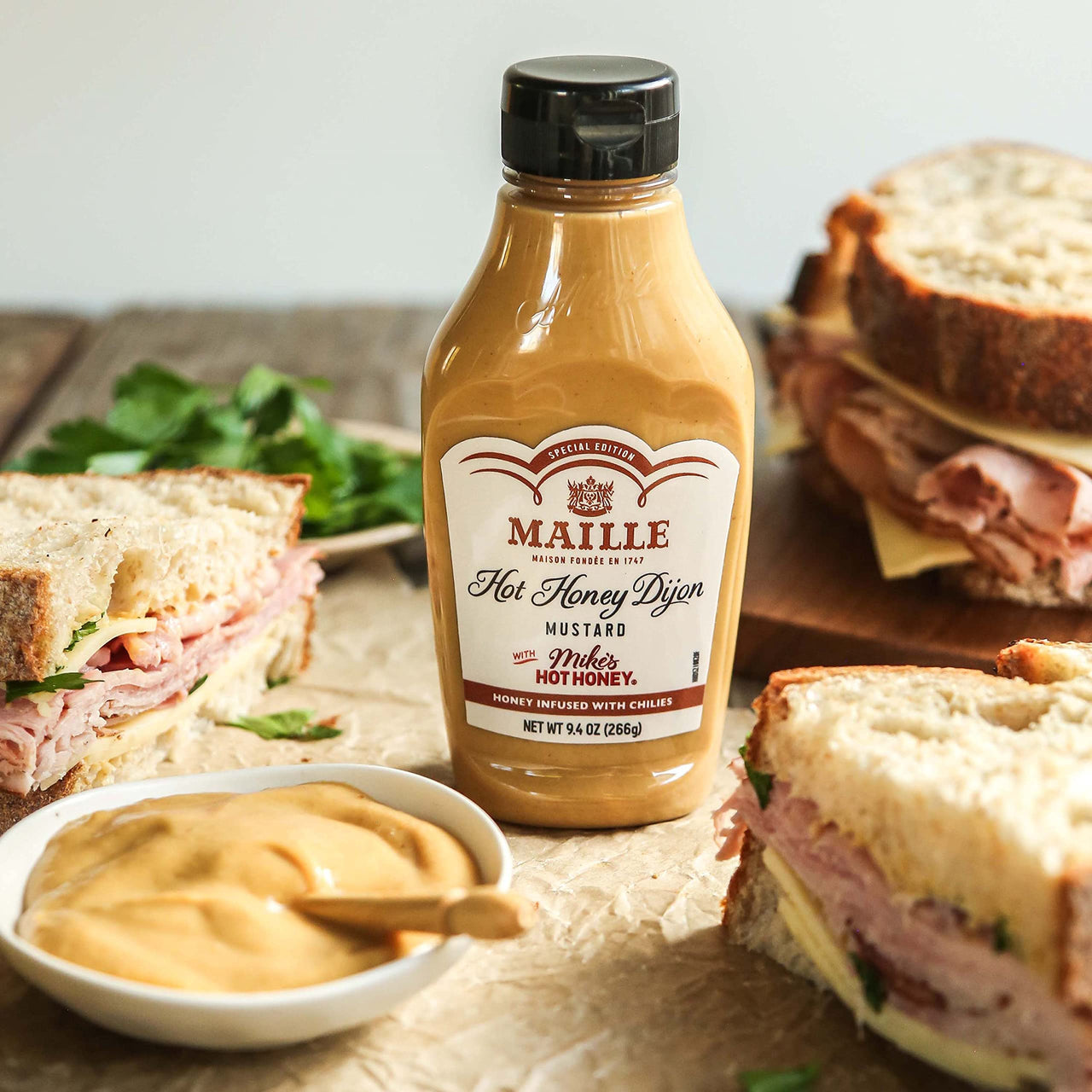 Maille x Mike's  Hot Honey Special Edition Savory-Sweet Condiment with a Spicy Kick Hot Honey Dijon Mustard Gluten-Free, Shelf-Stable 9.4oz