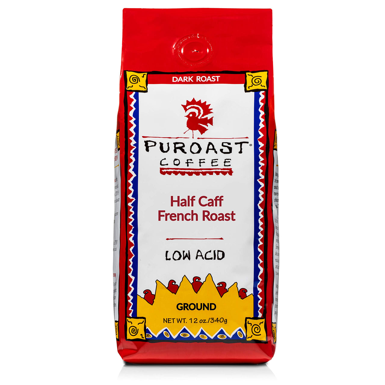 Puroast Low Acid Coffee Ground Half Caff French Roast, Dark Roast, Certified Low Acid Coffee, pH 5.5+, Gut Health, 12 oz., Higher Antioxidant, Smooth for Espresso, Iced Coffee