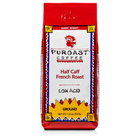Puroast Low Acid Coffee Ground Half Caff French Roast, Dark Roast, Certified Low Acid Coffee, pH 5.5+, Gut Health, 12 oz., Higher Antioxidant, Smooth for Espresso, Iced Coffee
