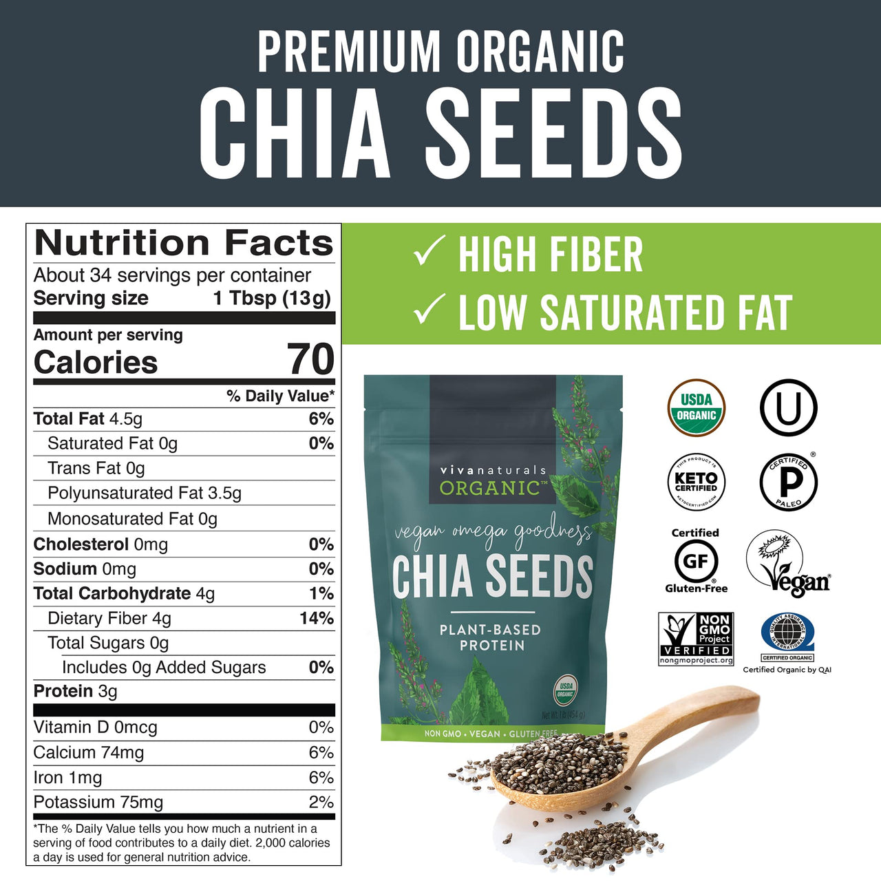 Viva Naturals The Finest Organic Raw Chia Seeds, 1 Pound & Organic Ground Flax Seed, 15 oz - Specially Cold-milled Using Proprietary Technology for Optimal Smoothness and Freshness