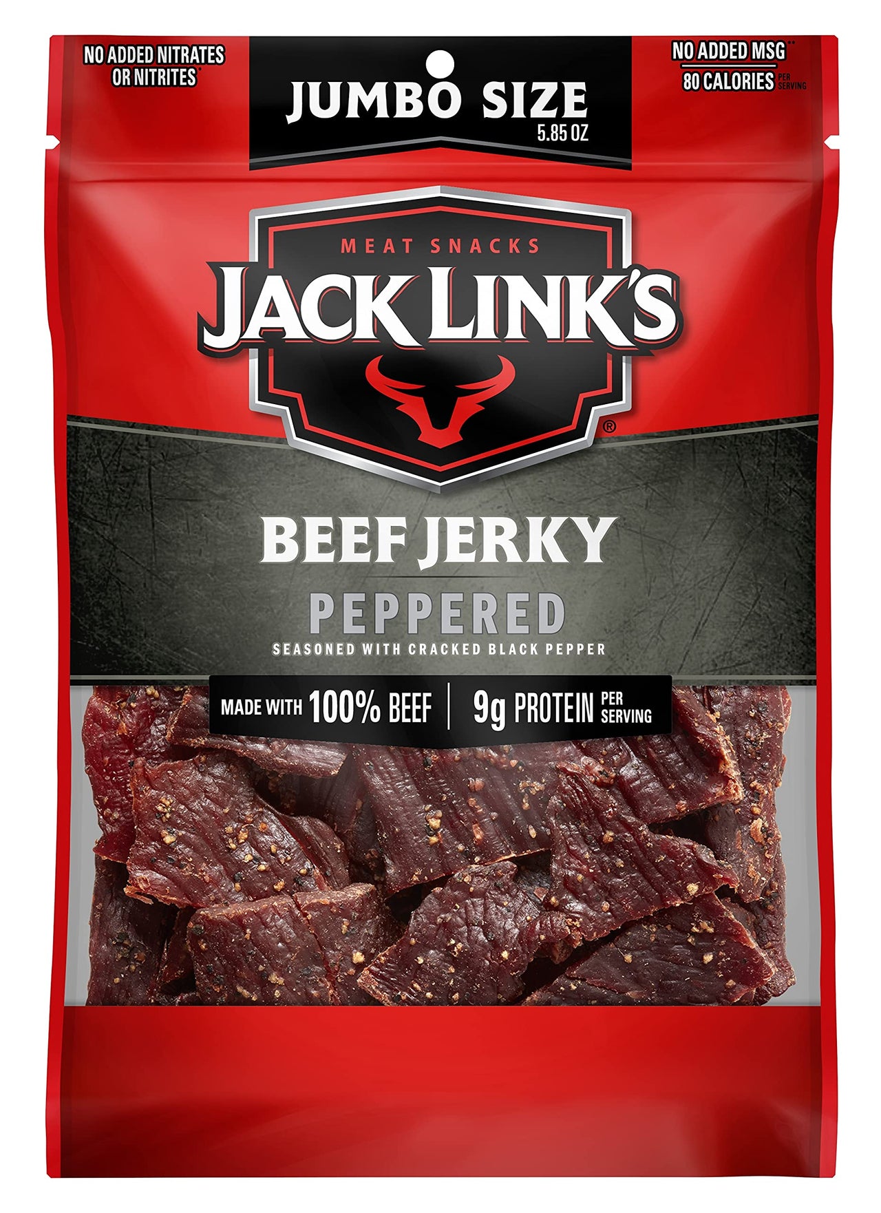 Jack Link's  Beef Jerky, Peppered, Sharing Size Bag  Meat Snack with 9g of Protein & 80 Calories, Made with Premium Beef, No added MSG** or Nitrates/Nitrites, 5.85oz