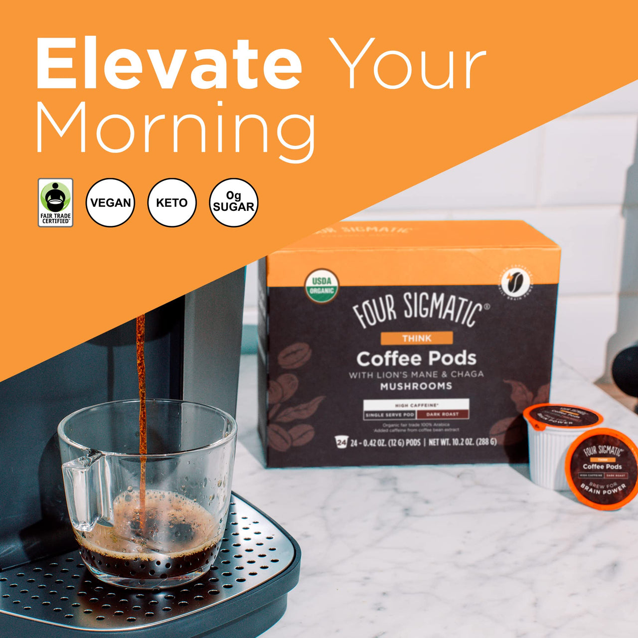 Mushroom Coffee K-Cups by Four Sigmatic | Organic and Fair Trade Dark Roast Coffee with Lions Mane, Chaga & Mushroom Powder | Focus & Immune Support | Vegan & Keto | Sustainable Pods | 12 Count