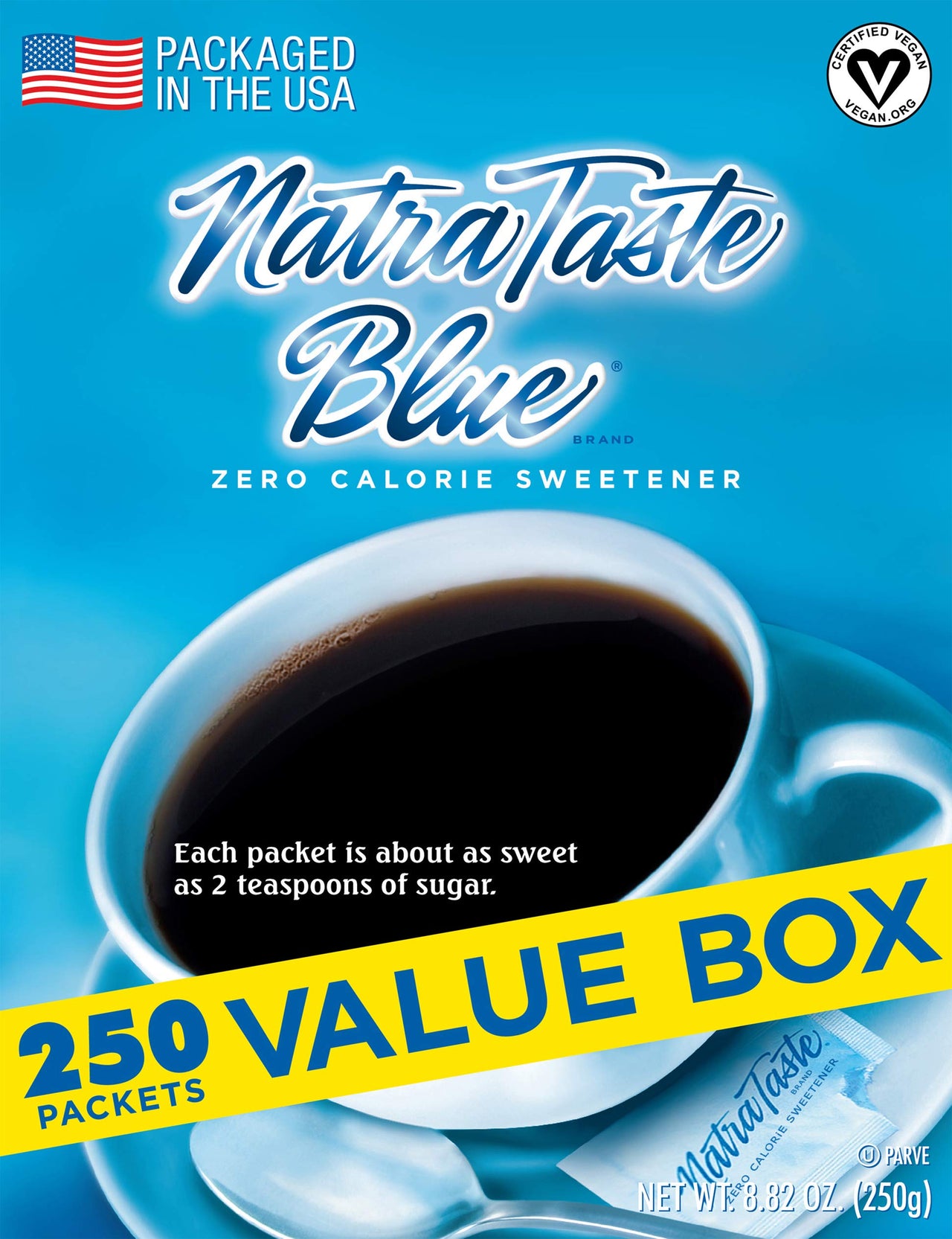 NatraTaste Blue Zero Calorie Sweetener, Bulk Sugar Substitute for Coffee, Iced Tea, Lemonade, Hot & Cold Drinks, Baking, Cooking, Low Carb, Vegan, Sugar Alternative, 250 Packets Value Box (1 pack)