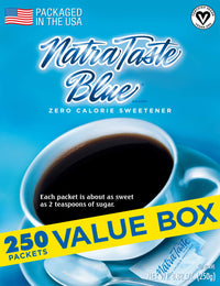 NatraTaste Blue Zero Calorie Sweetener, Bulk Sugar Substitute for Coffee, Iced Tea, Lemonade, Hot & Cold Drinks, Baking, Cooking, Low Carb, Vegan, Sugar Alternative, 250 Packets Value Box (1 pack)