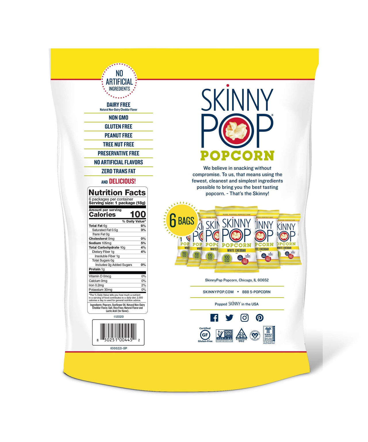 SkinnyPop Popcorn, Gluten Free, Non-GMO, Healthy Snacks, Easter Snacks, Skinny Pop Dairy Free White Cheddar Popcorn Snack Packs, 0.65 Oz Individual Size Snack Bags (6 Count)