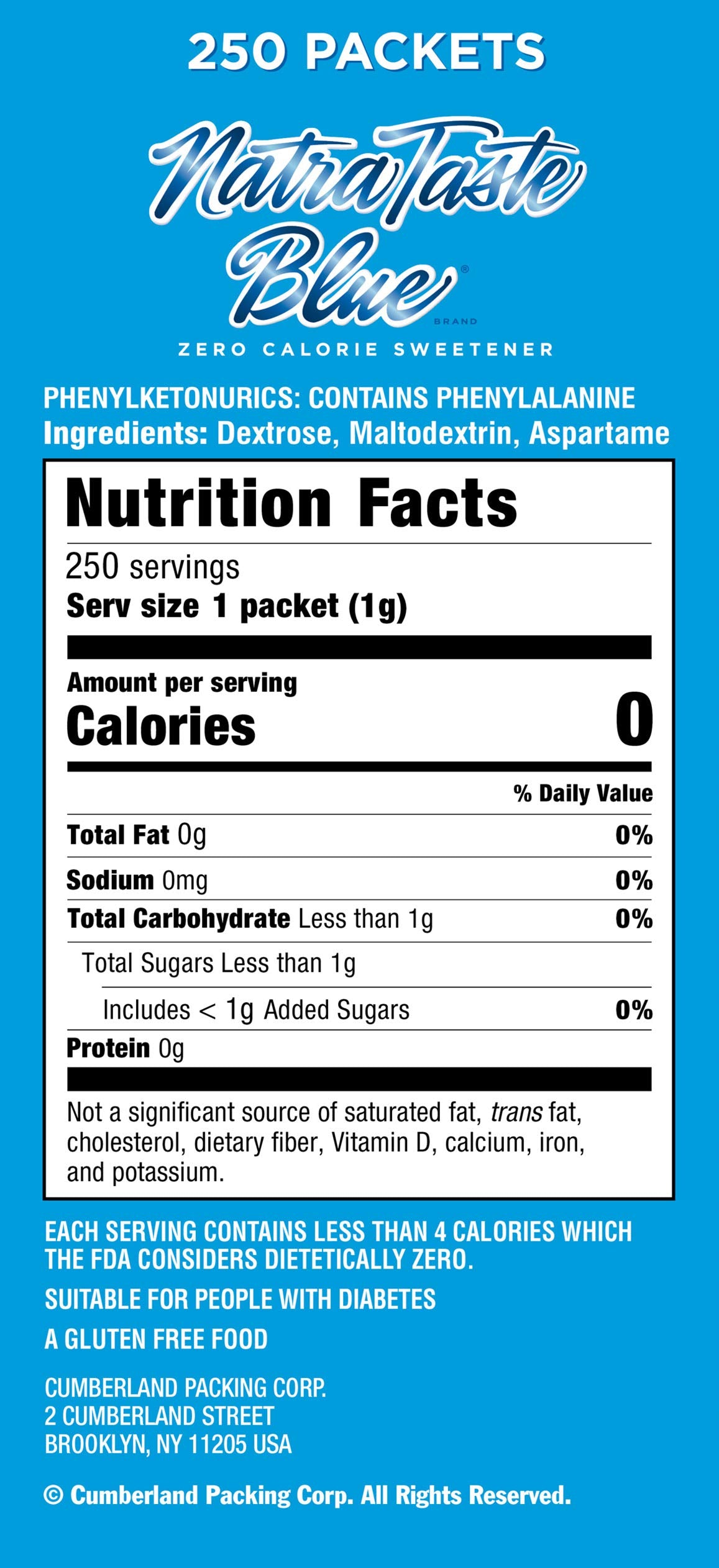 NatraTaste Blue Zero Calorie Sweetener, Bulk Sugar Substitute for Coffee, Iced Tea, Lemonade, Hot & Cold Drinks, Baking, Cooking, Low Carb, Vegan, Sugar Alternative, 250 Packets Value Box (1 pack)