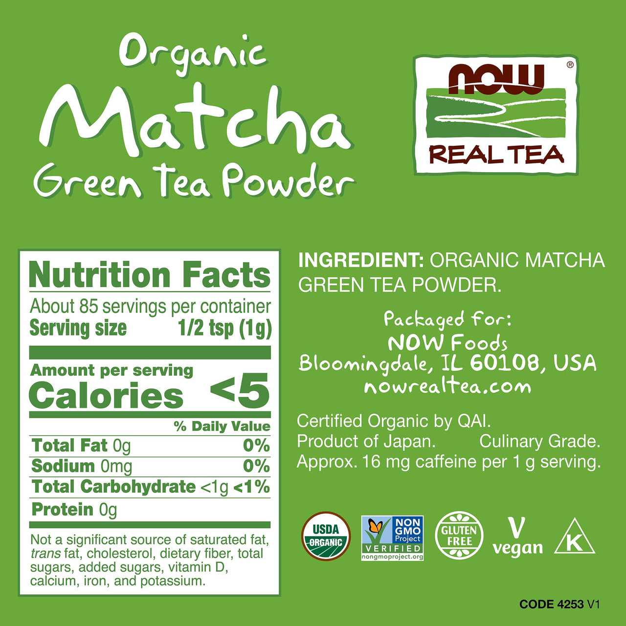 NOW Foods, Certified Organic Matcha Green Tea Powder, Non-GMO Project Verified, 3-Ounce