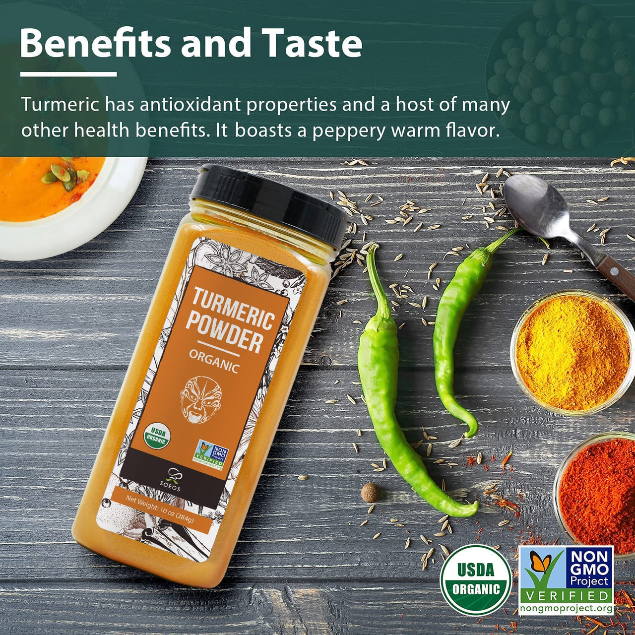 Soeos Organic Turmeric Powder 10oz (284g), Non-GMO Verified, Natural Curcumin, Lab Tested for Purity, Sealed Package To Keep Turmeric Fresh