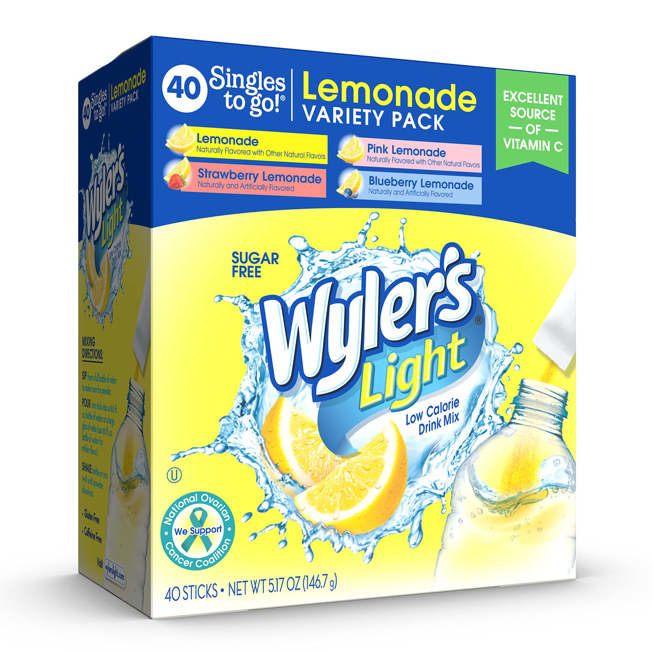 Wyler's  Light Singles to Go Powder Packets, Water Drink Mix, Variety Pack, Pink, Strawberry & Blueberry Lemonade, Sugar & Caffeine Free, On-The-Go, 40 Count