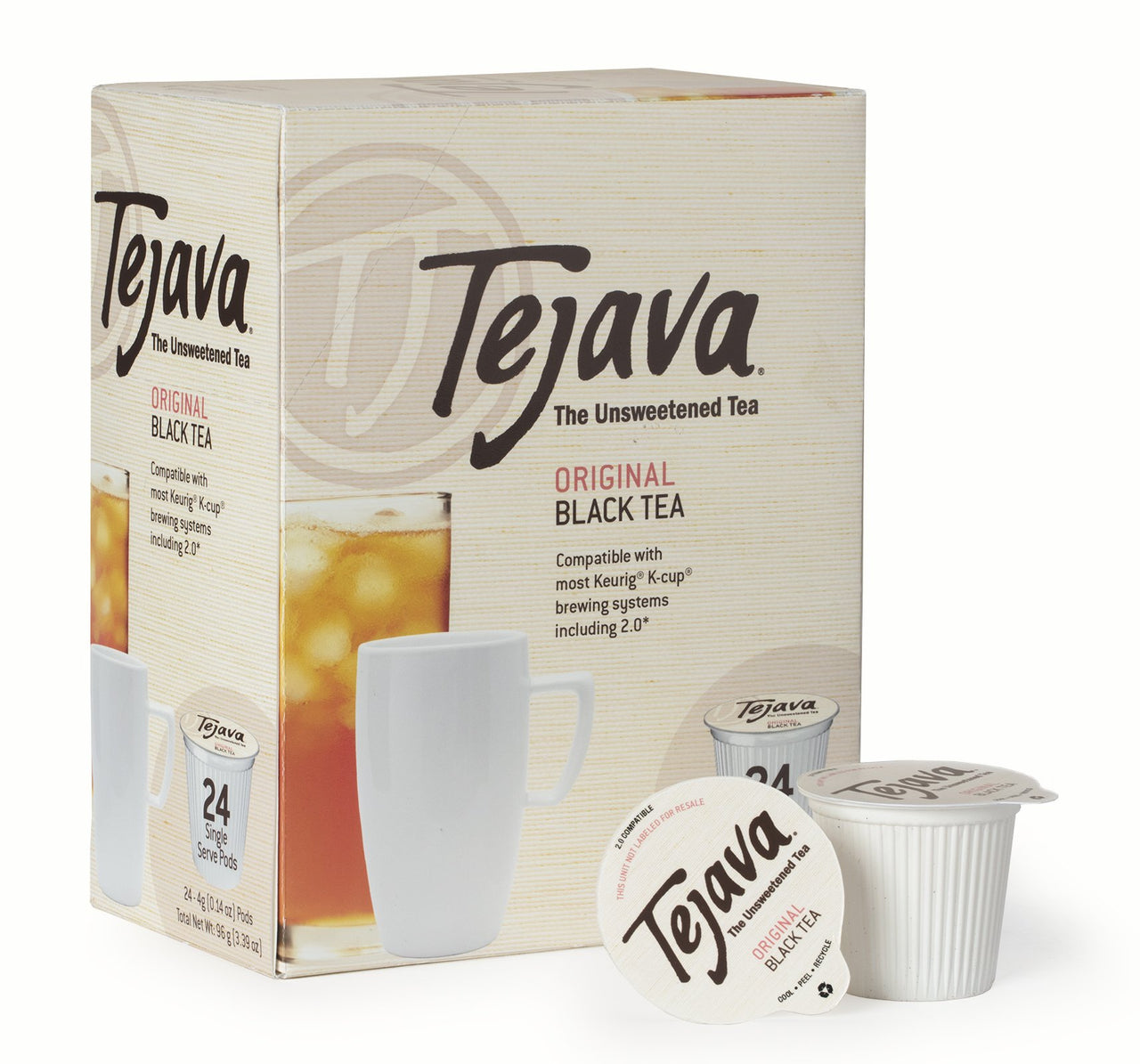 Tejava Original Unsweetened Black Iced Tea Pods, 24 Pack Single Serve Cups, Keurig K-Cup Compatible, Hot or Cold, Non-GMO, Kosher, No Sugar or Sweeteners, No calories, No Preservatives