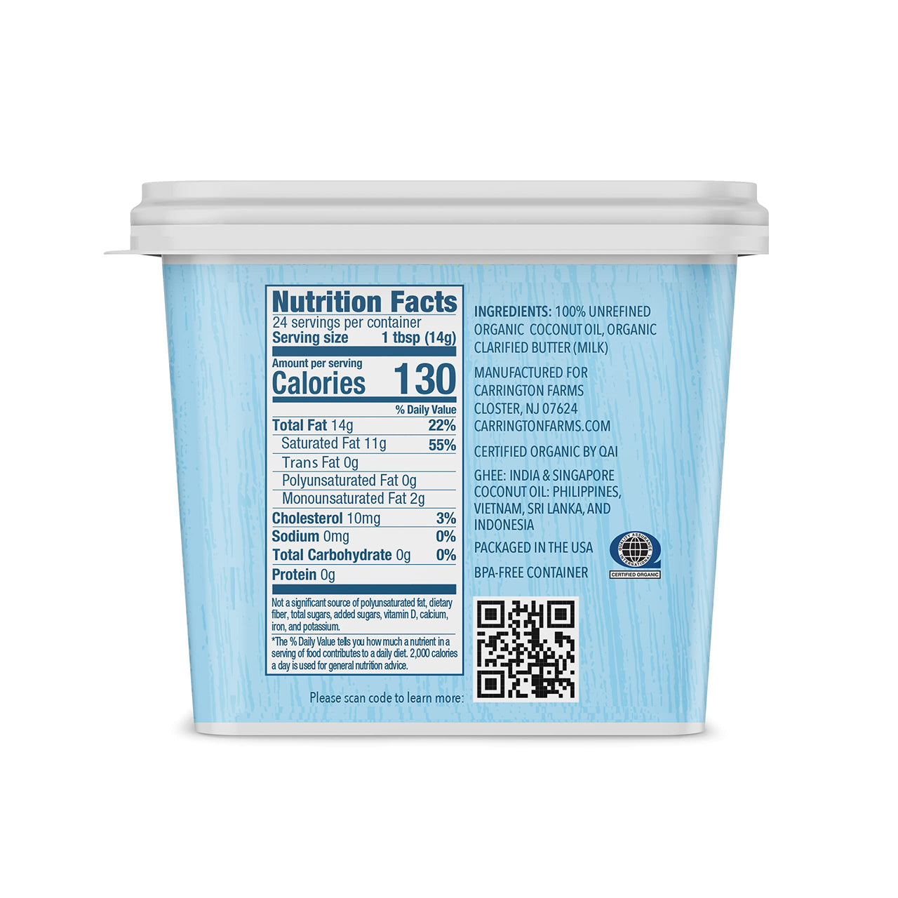 USDA Organic Grass Fed Ghee and Coconut Oil Blend, 12oz, Compare our cost per oz and Certified Organic, Carrington Farms