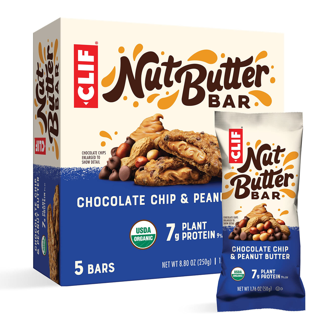 CLIF Nut Butter Bar - Organic Snack Bars - Chocolate Chip Peanut Butter - Organic - Plant Protein - Non-GMO (1.76 Ounce Protein Snack Bars, 5 Count)