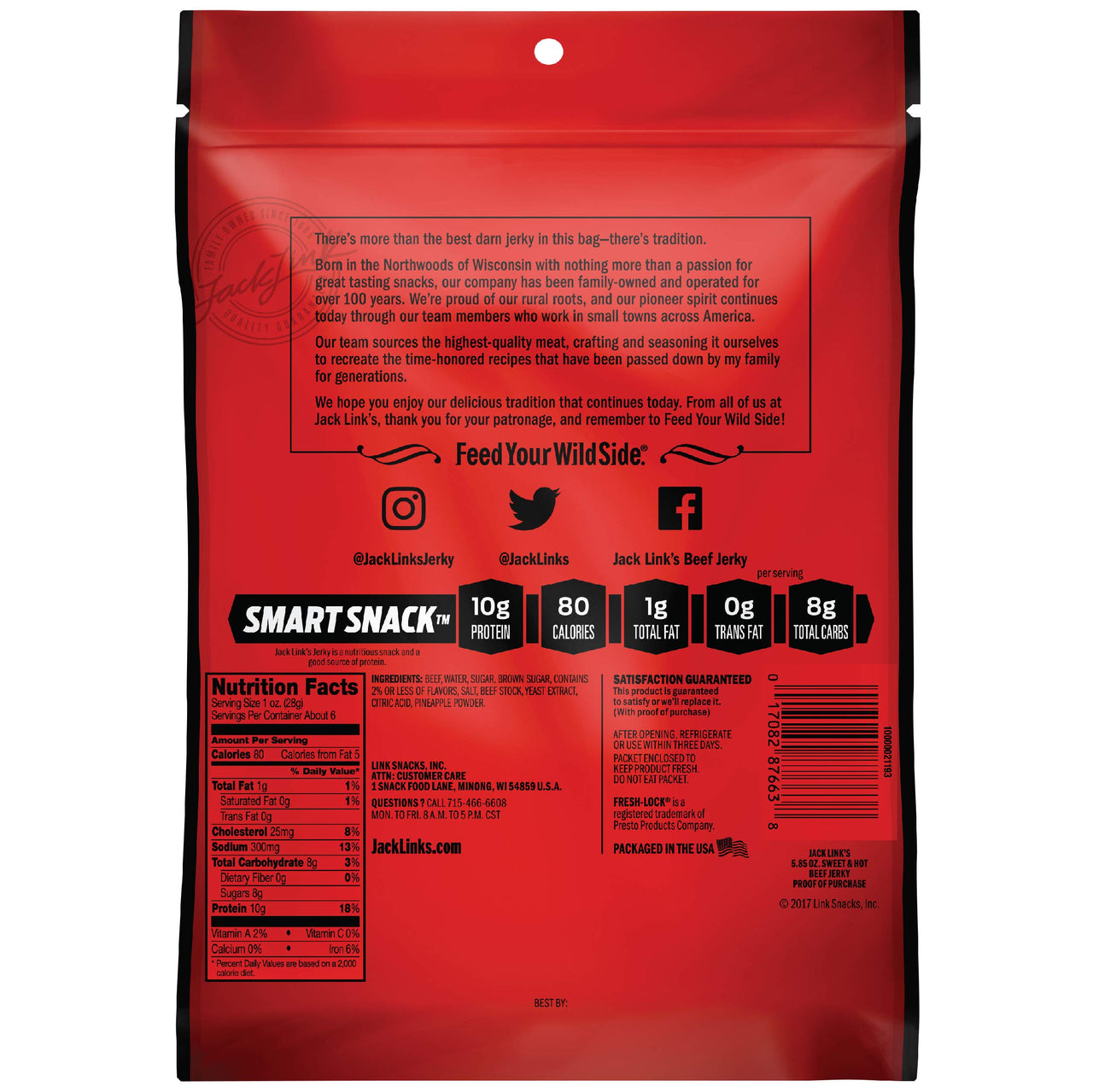 Jack Link's  Beef Jerky, Sweet & Hot, Spicy Meat Snack  9g of Protein & 80 Calories, Made with Premium Beef, No added MSG** or Nitrates/Nitrites, 5.85 oz