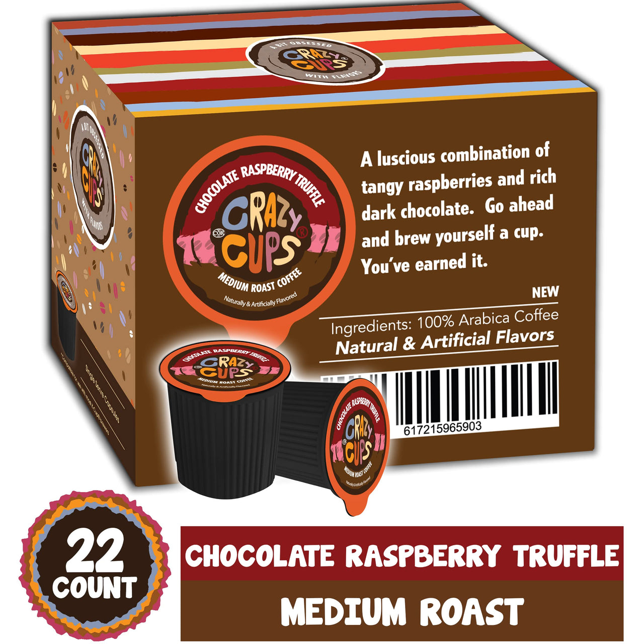 Crazy Cups Flavored Coffee for Keurig K-Cup Machines, Chocolate Raspberry Truffle, Hot or Iced Drinks, 22 count Single Serve, Recyclable Pods(Pack of 1)