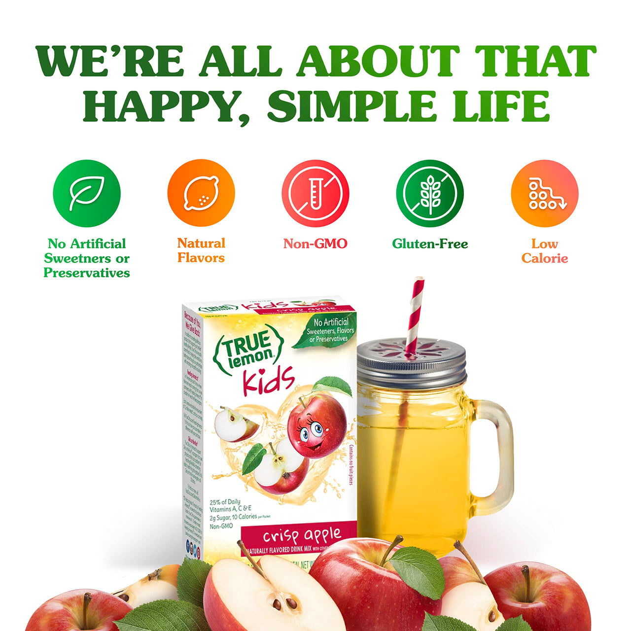 TRUE LEMON KIDS Crisp Apple (10 Packets) - Hydration for Kids - No Preservatives, No Artificial Flavors, No Artificial Sweeteners - Low Sugar Water Flavoring - Drink Mix for Kids - Kids Juice Powdered Drink Mix