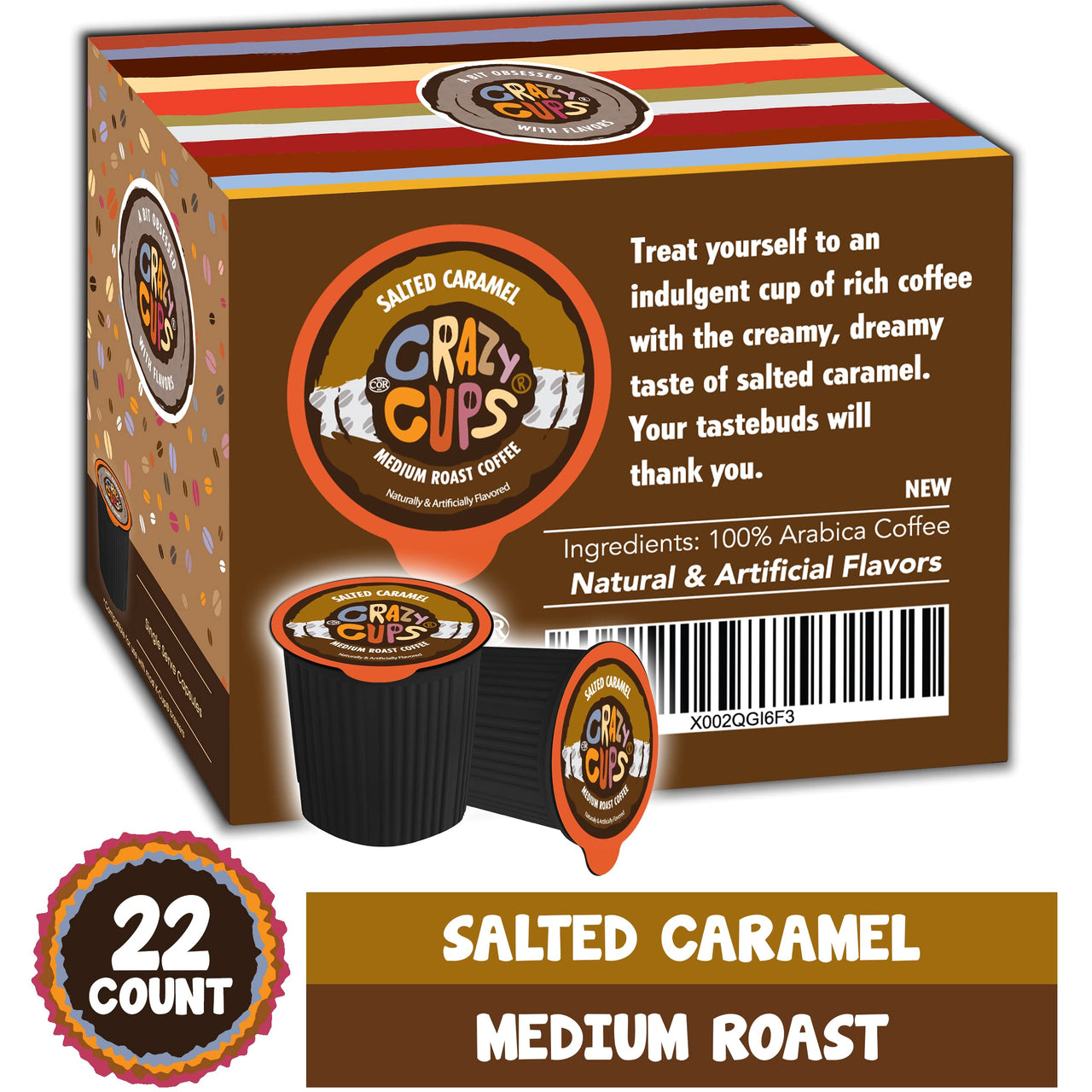 Crazy Cups Flavored Coffee for Keurig K-Cup Machines, Salted Caramel, Hot or Iced Drinks, 22 Single Serve, Recyclable Pods