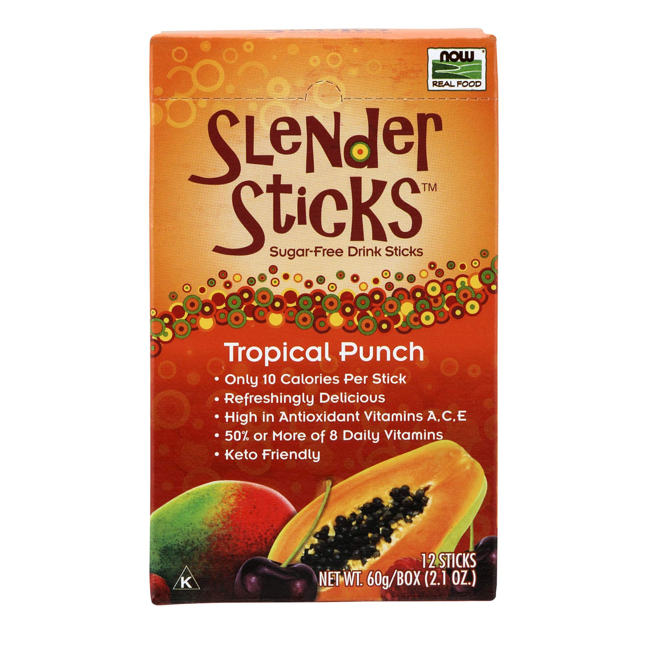 NOW Foods, Slender Sticks, Tropical Punch, 15 Calories Per Stick, Refreshingly Delicious, with Antioxidant Vitamins A,C, E, 12/Box