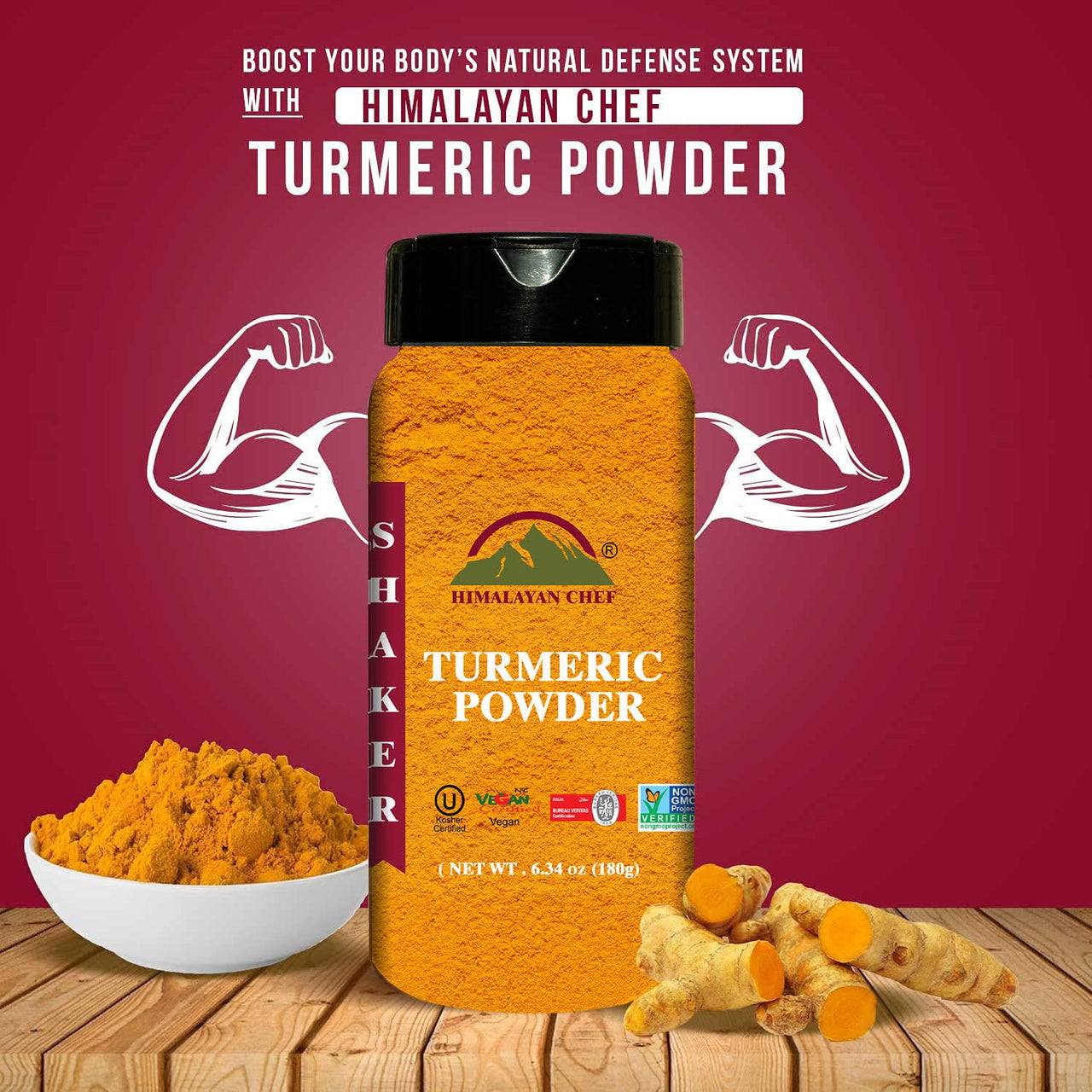 Himalayan Chef Organic Turmeric Powder, 6.34 oz Premium Quality Root Powder with Curcumin, Gluten Free & Non-GMO Verified - Plastic Shaker