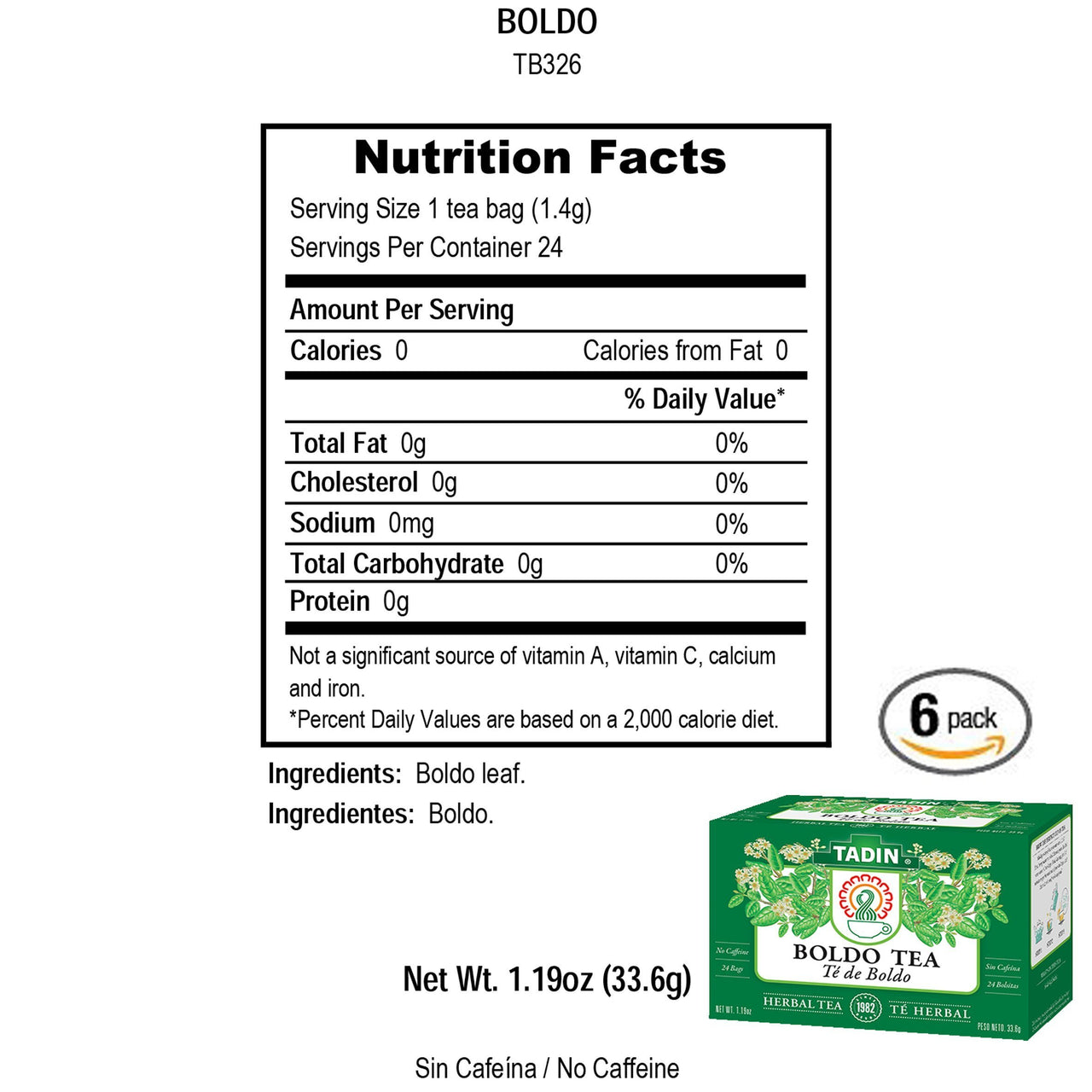 Tadin Boldo Herbal Tea, Caffeine Free, 24 Count, Pack of 6