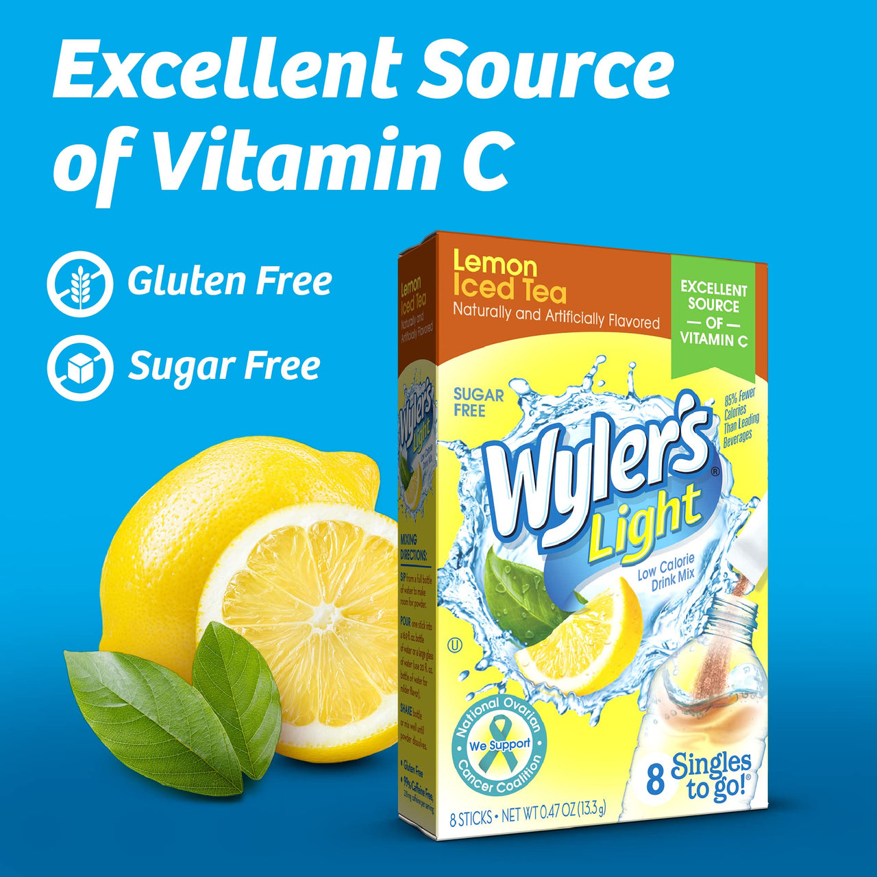 Wyler's  Light Singles To Go Powder Packets, Water Drink Mix, Lemon Iced Tea, 96 Single Servings (Pack of 12)