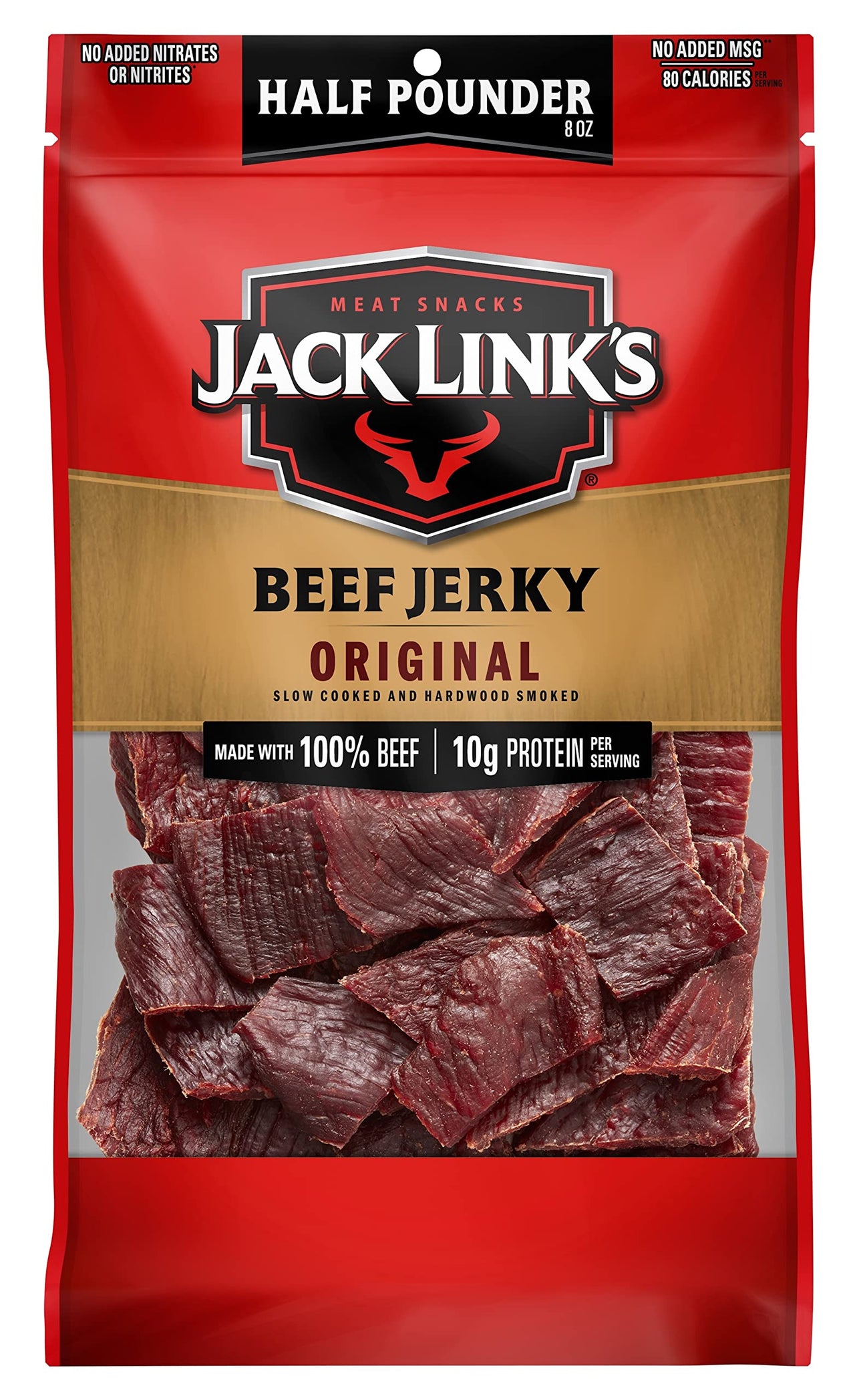 Jack Link's  Beef Jerky, Original, 1/2 Pounder Bag - Flavorful Meat Snack, 10g of Protein and 80 Calories, Made with Premium Beef - 96% Fat Free, No Added MSG** or Nitrates/Nitrites, 8oz