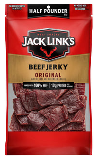 Jack Link's  Beef Jerky, Original, 1/2 Pounder Bag - Flavorful Meat Snack, 10g of Protein and 80 Calories, Made with Premium Beef - 96% Fat Free, No Added MSG** or Nitrates/Nitrites, 8oz