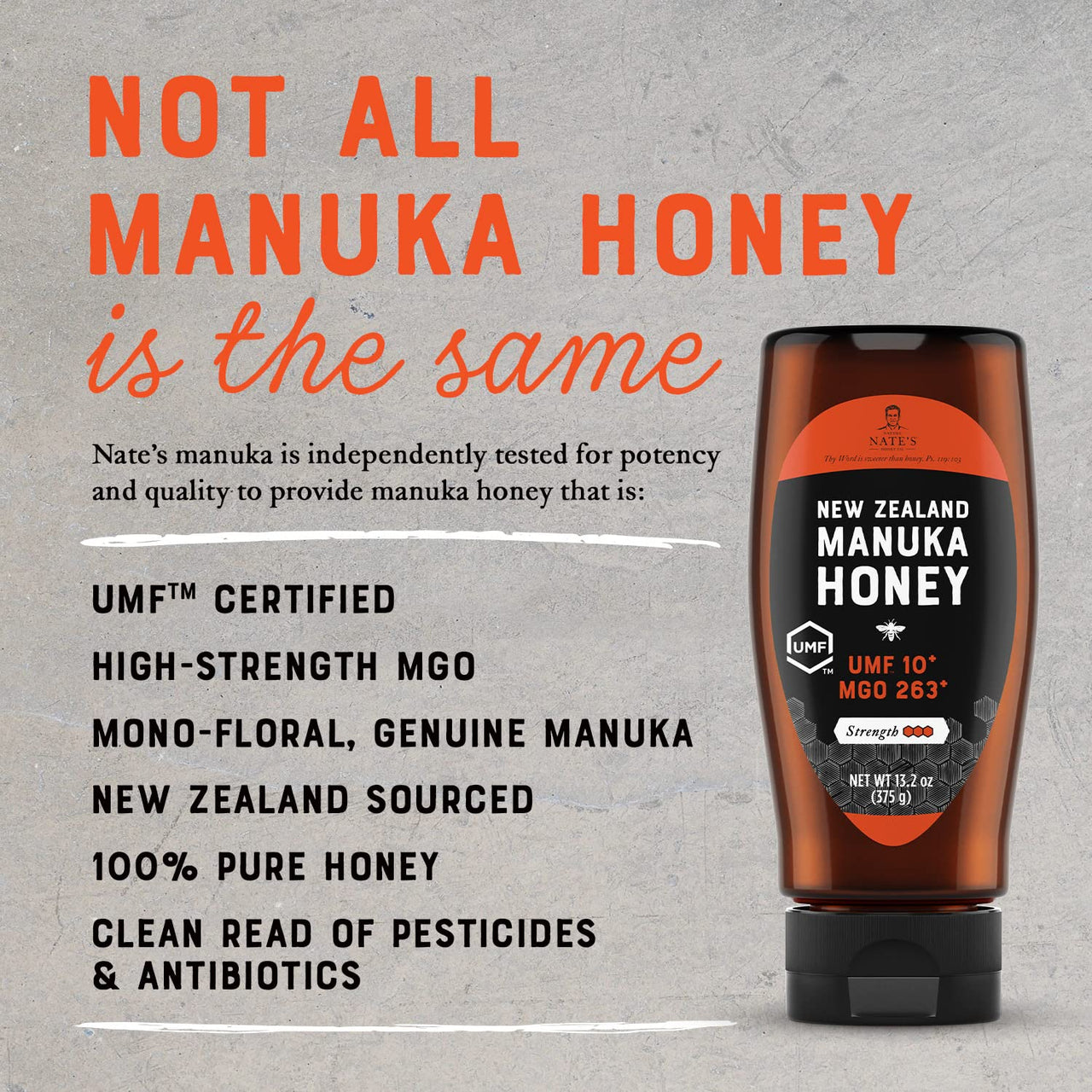Nature Nate's  Manuka Honey UMF Certified 10+ | MGO 263+ - New Zealand Manuka Honey - All-Natural Sweetener, 13.2 oz Squeeze Bottle