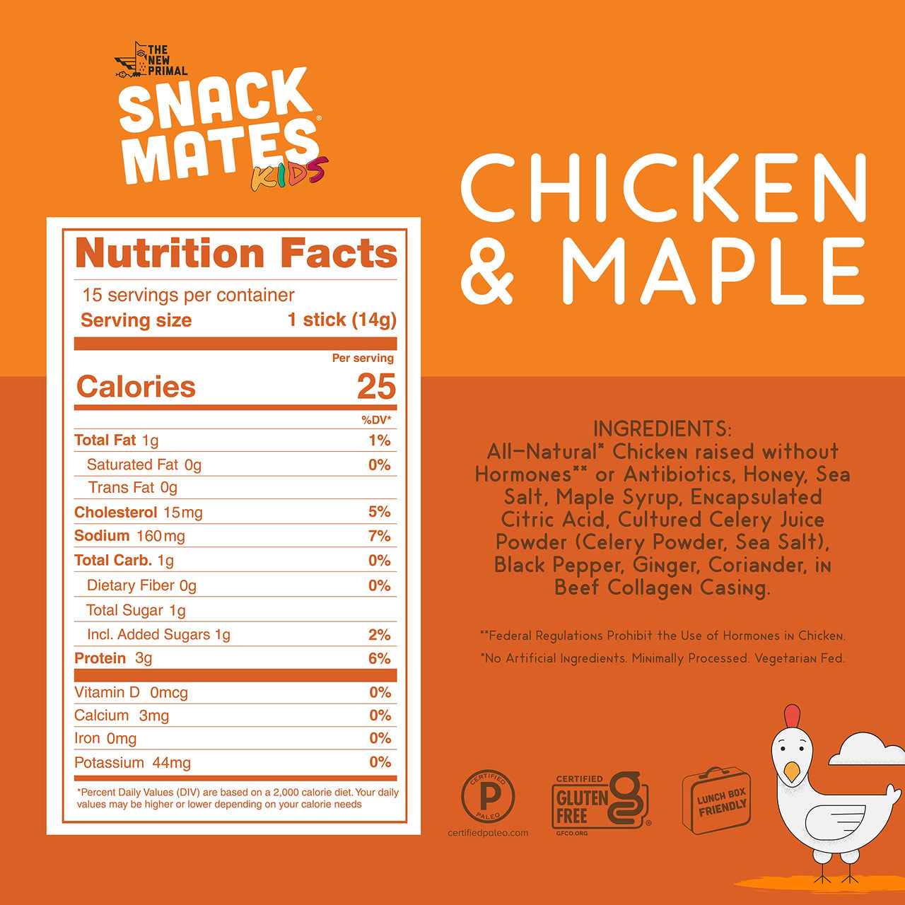Snack Mates By The New Primal, Chicken And Maple Mini Sticks, All Natural Chicken, High Protein And Low Sugar Kids Snack, Certified Paleo, Certified Gluten Free, Lunchbox Friendly, 15 Sticks Per Bag