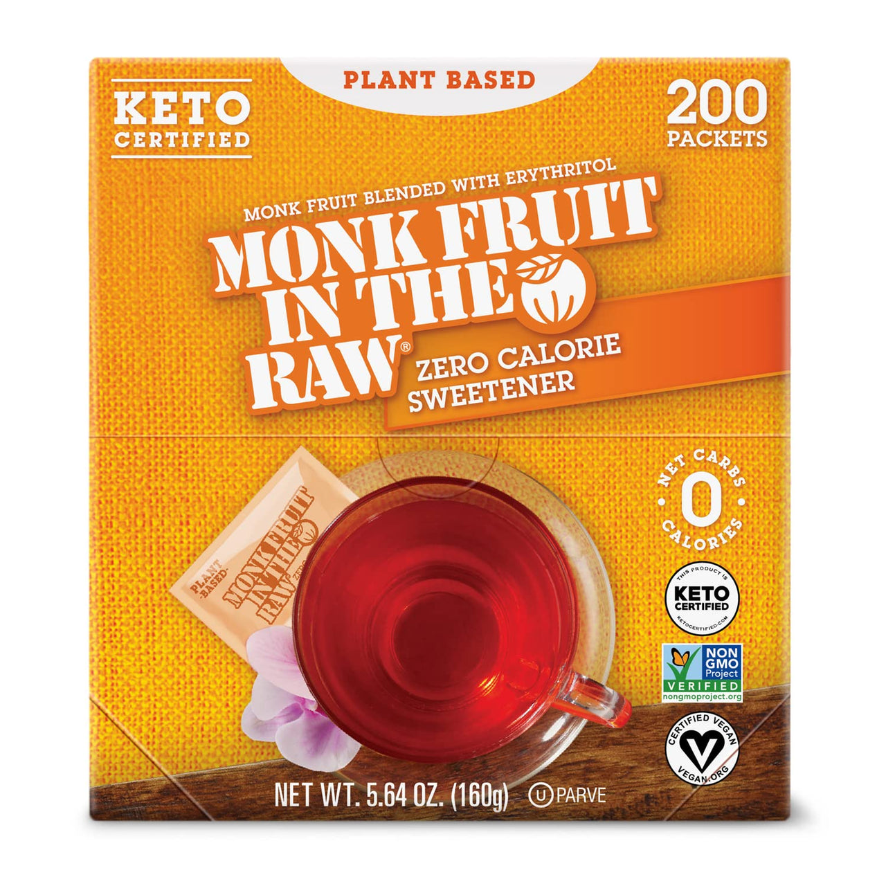 MONK FRUIT IN THE RAW, Natural Monk Fruit Sweetener w/Erythritol, Sugar-Free, Keto, Gluten Free, Zero Calorie, Low Carb, Vegan Sugar Substitute, 200 Count Packets (Pack of 1)