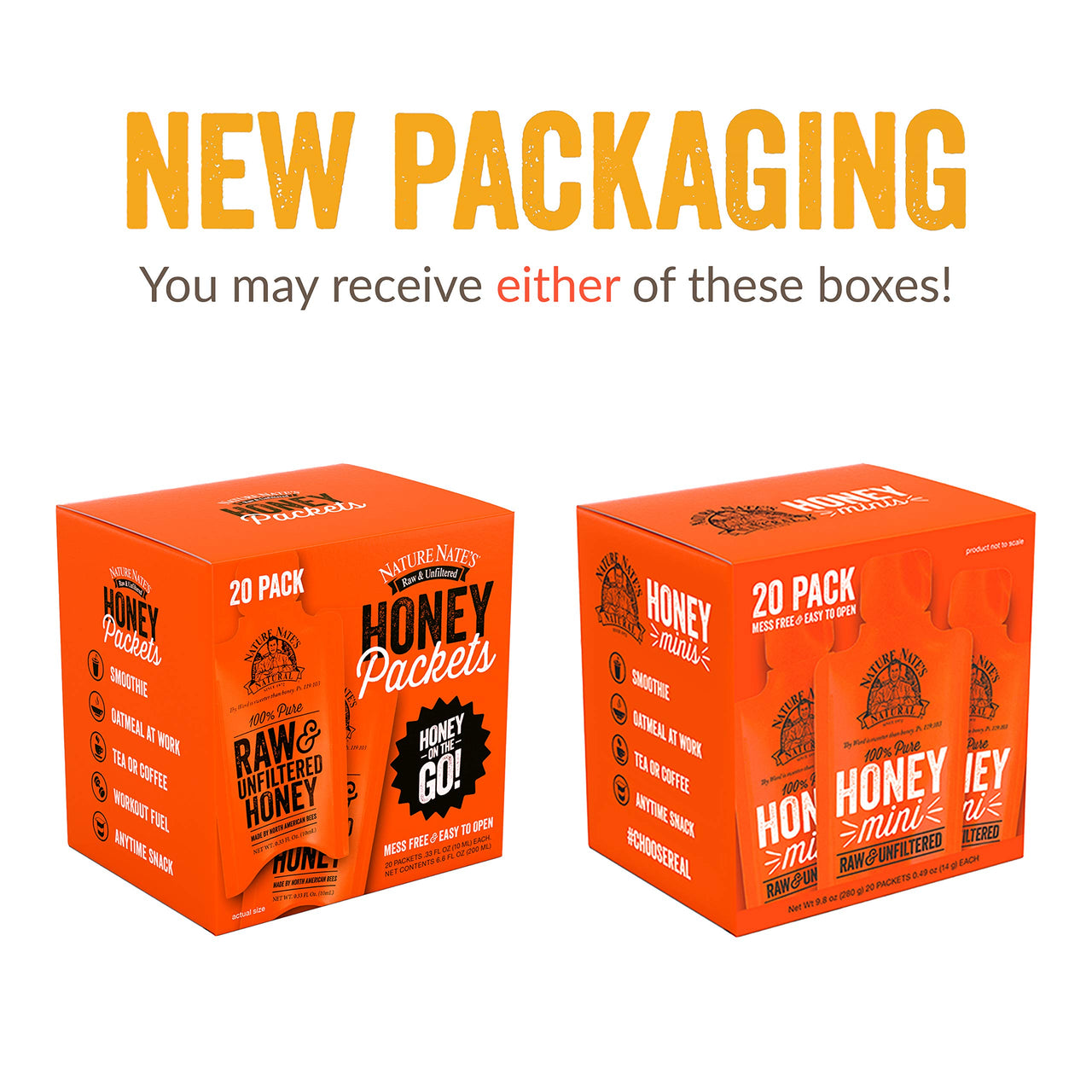Nature Nate's  Raw and Unfiltered Honey Minis Packets Single Serve, 9.8 Oz, 1 box of 20 packets.