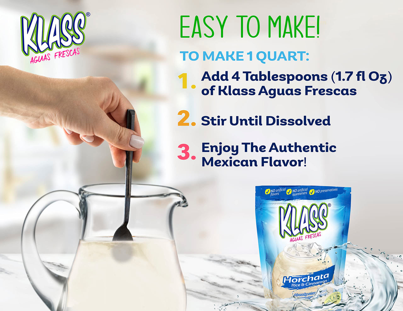 Klass Aguas Frescas Horchata Drink Mix - No artificial flavor, no artificial sweeteners, colors from natural sources (Makes 7 Quarts) 14.1 ounce Family-Pack (Single Unit)