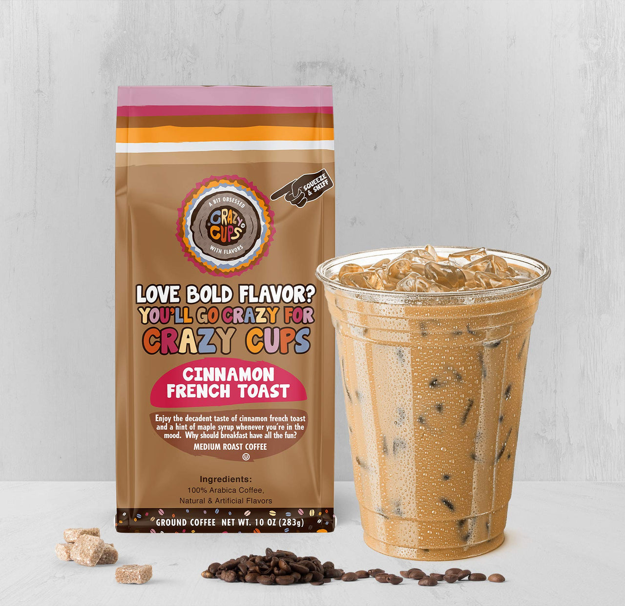 Crazy Cups Flavored Ground Coffee, Cinnamon French Toast, in 10 oz Bag, For Brewing Flavored Hot or Iced Coffee