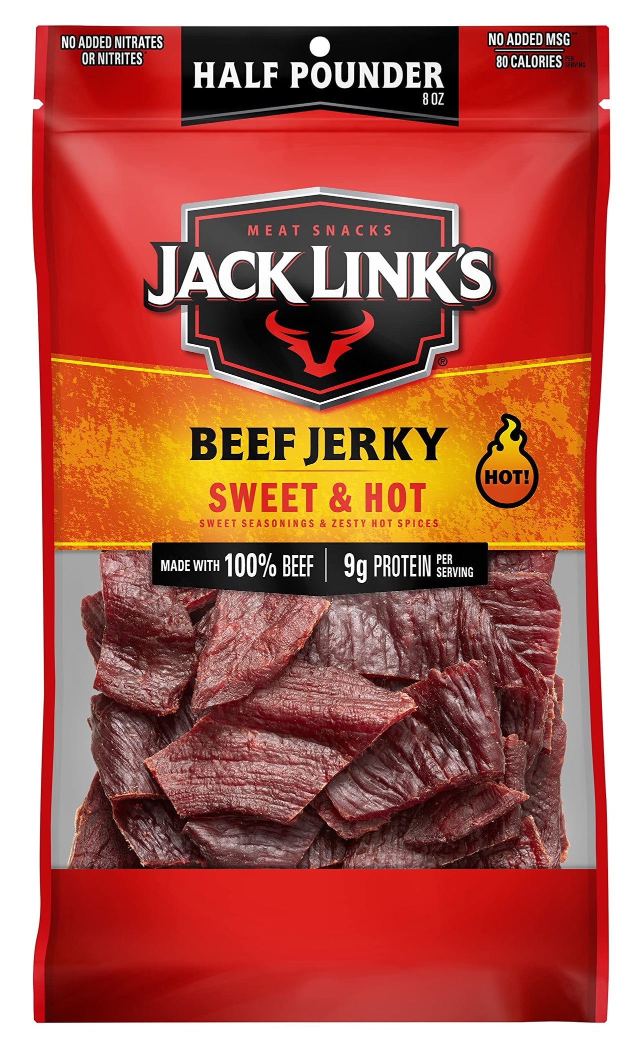 Jack Link's  Beef Jerky, Sweet & Hot,  Pounder Bag - Flavorful Meat Snack, 9g of Protein and 80 Calories, Made with Premium Beef - 96 Percent Fat Free, No Added MSG or Nitrates/Nitrites