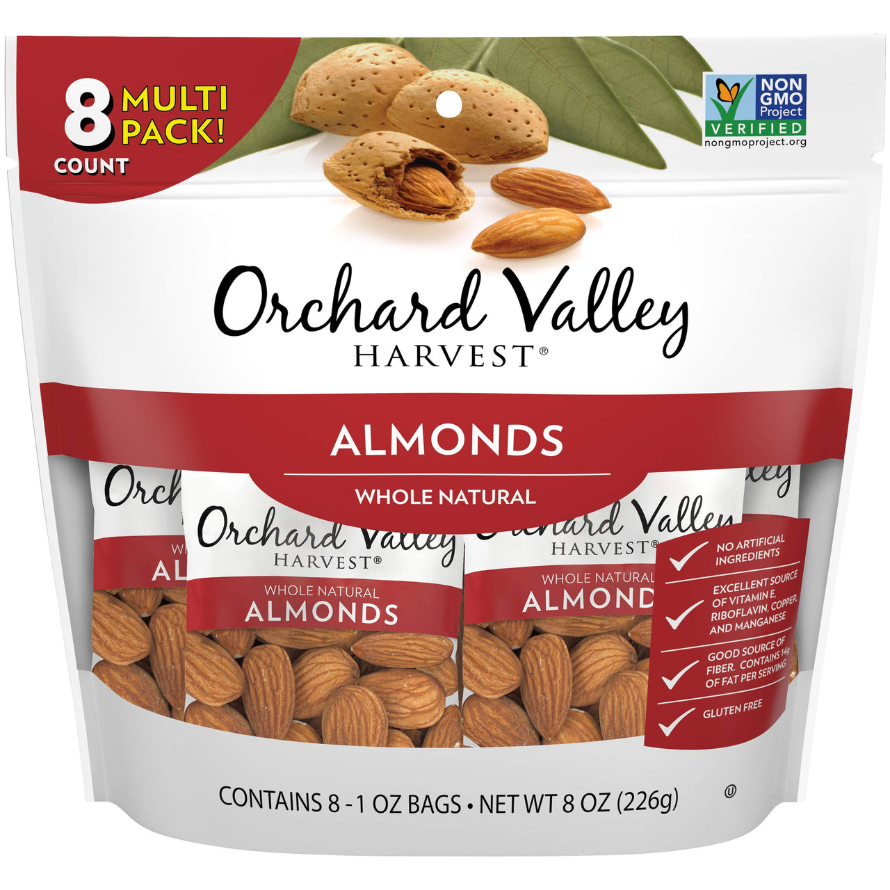 Orchard Valley Harvest Whole Natural Almonds, Unsalted, Gluten Free, Non-GMO, No Artificial Ingredients, 1 Ounce Bags (Pack of 8)