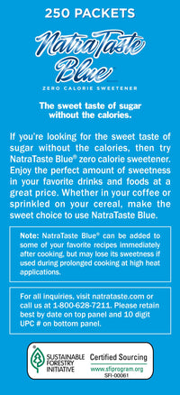NatraTaste Blue Zero Calorie Sweetener, Bulk Sugar Substitute for Coffee, Iced Tea, Lemonade, Hot & Cold Drinks, Baking, Cooking, Low Carb, Vegan, Sugar Alternative, 250 Packets Value Box (1 pack)