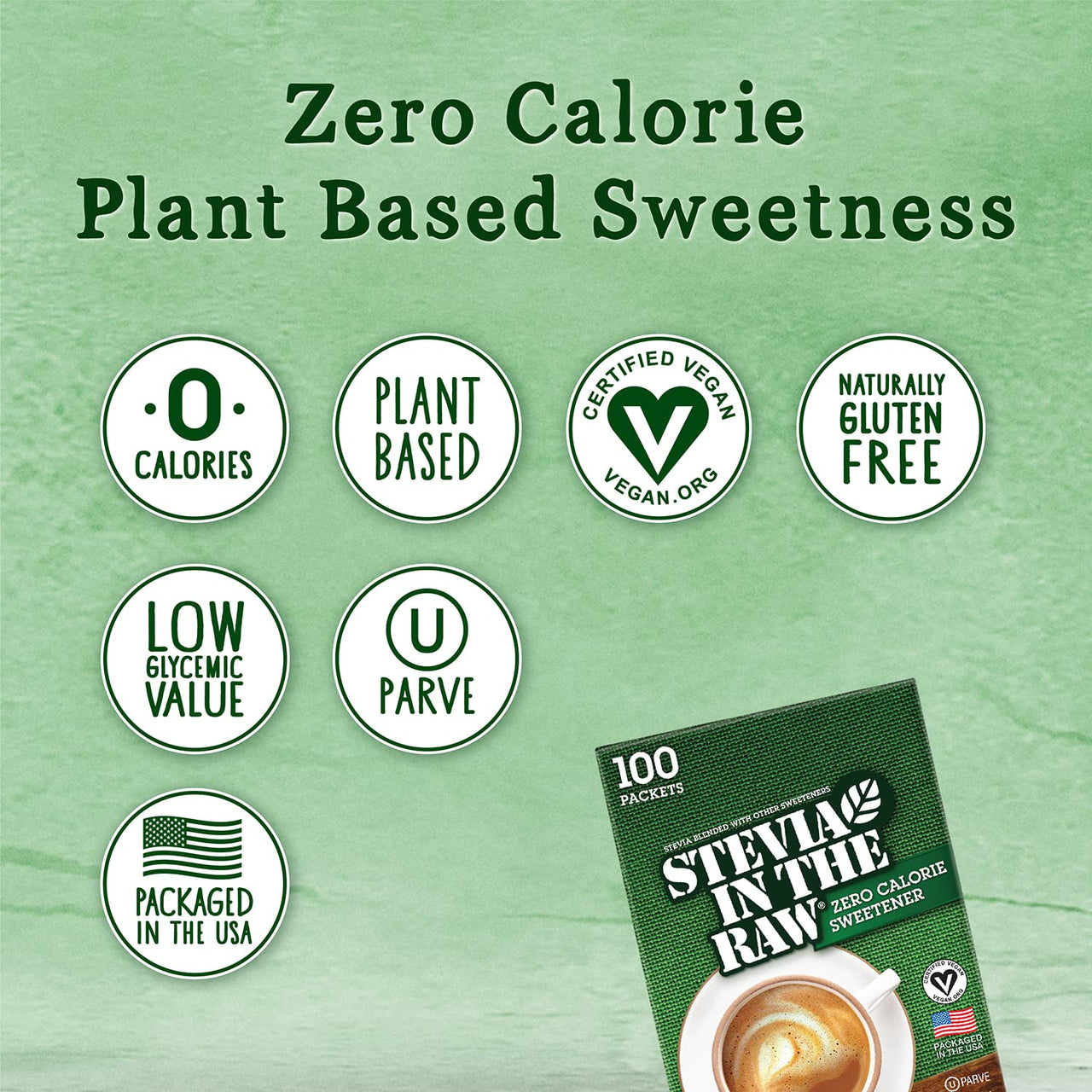 Stevia In The Raw, Plant Based Zero Calorie, No Erythritol, Sugar Substitute, Sugar-Free Sweetener for Coffee, Hot & Cold Drinks, Suitable For Diabetics, Vegan, Gluten-Free, 100Count Packets (1 Pack)