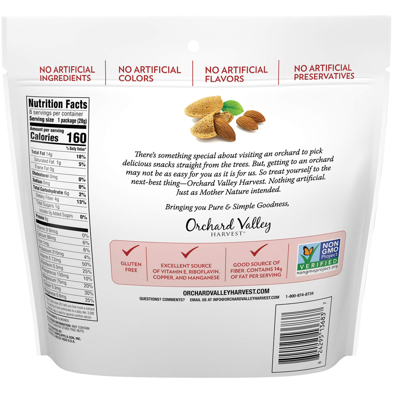 Orchard Valley Harvest Whole Natural Almonds, Unsalted, Gluten Free, Non-GMO, No Artificial Ingredients, 1 Ounce Bags (Pack of 8)