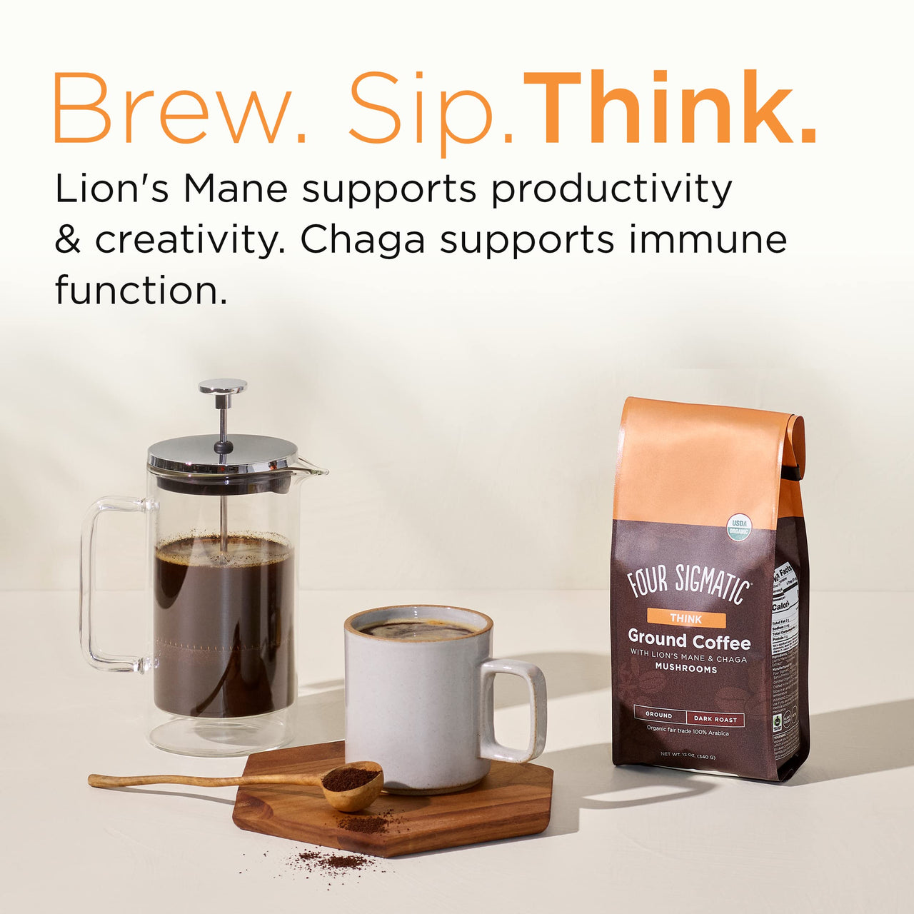 Organic Ground Mushroom Coffee by Four Sigmatic | Dark Roast, Fair Trade Gourmet Coffee with Lion's  Mane, Chaga & Mushroom Powder | Immune Boosting Coffee for Focus & Immune Support | 12oz Bag