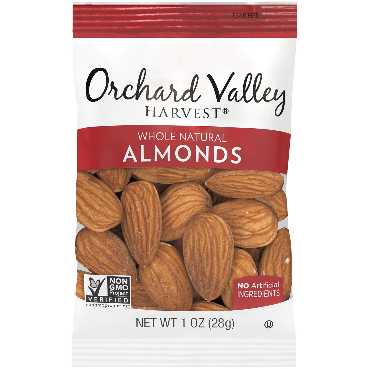 Orchard Valley Harvest Whole Natural Almonds, Unsalted, Gluten Free, Non-GMO, No Artificial Ingredients, 1 Ounce Bags (Pack of 8)