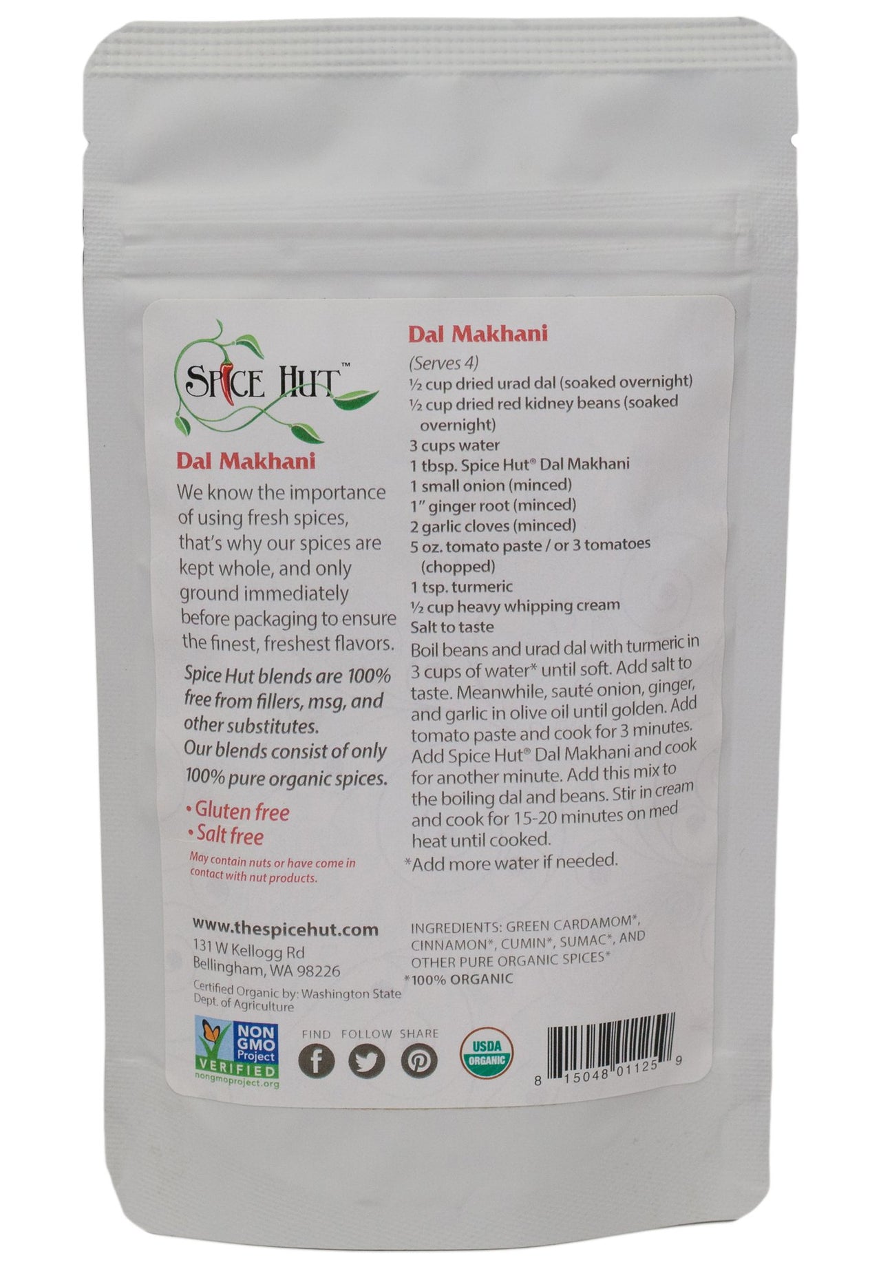 The Spice Hut Organic Dal Makhani Seasoning, Quick & Easy Spice Blend for Indian Cooking, 2 oz