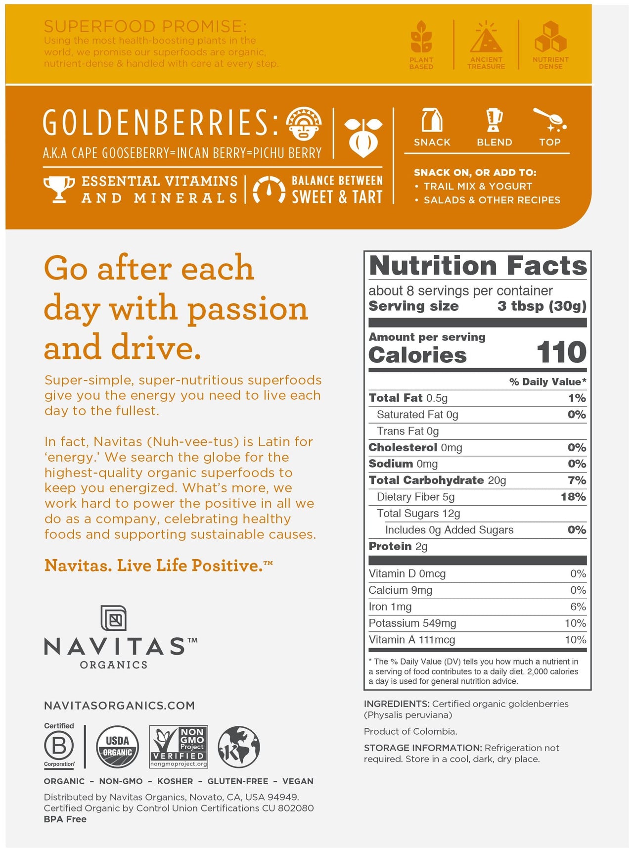 Navitas Organics Goldenberries, 8 oz. Bag, 8 Servings  Organic, Non-GMO, Sun-Dried, Sulfite-Free, 8 Ounce