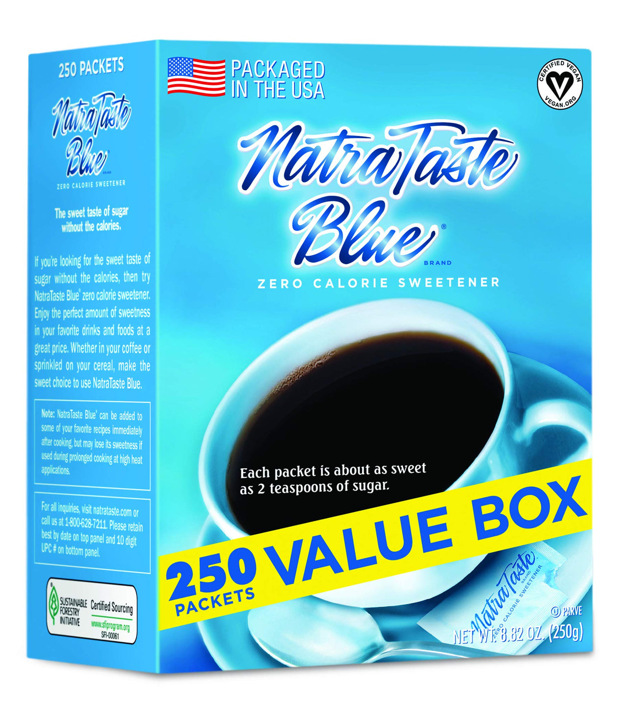 NatraTaste Blue Zero Calorie Sweetener, Bulk Sugar Substitute for Coffee, Iced Tea, Lemonade, Hot & Cold Drinks, Baking, Cooking, Low Carb, Vegan, Sugar Alternative, 250 Packets Value Box (1 pack)