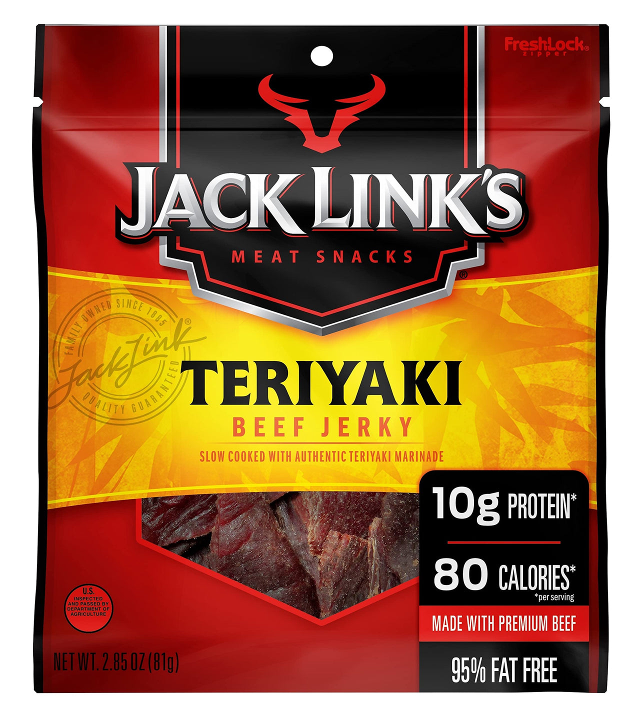 Jack Link's  Beef Jerky, Teriyaki Flavor, 2.85 Oz - Flavorful Meat Snack, 10g Of Protein And 80 Calories, Made With Premium Beef - 95 Percent Fat Free, No Added MSG Or Nitrates/Nitrites