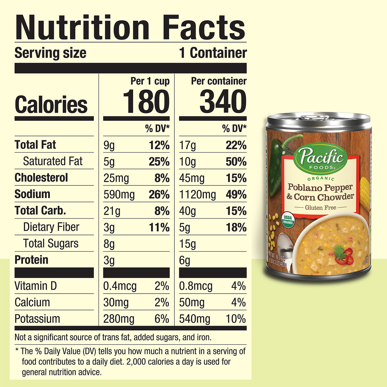 Pacific Foods Organic Poblano Pepper and Corn Chowder, Vegetarian Soup, 16.3 Oz Can